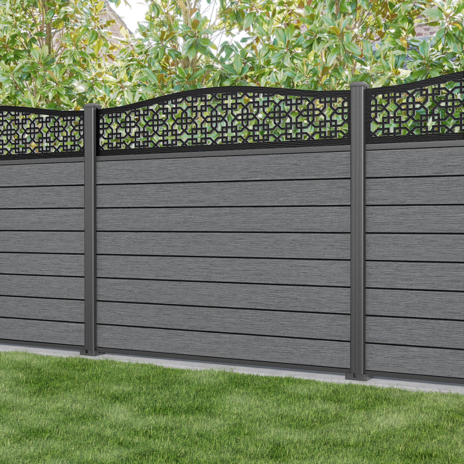 Fusion Zaria Curved Top Fence Panel - Mid Grey - with our aluminium posts