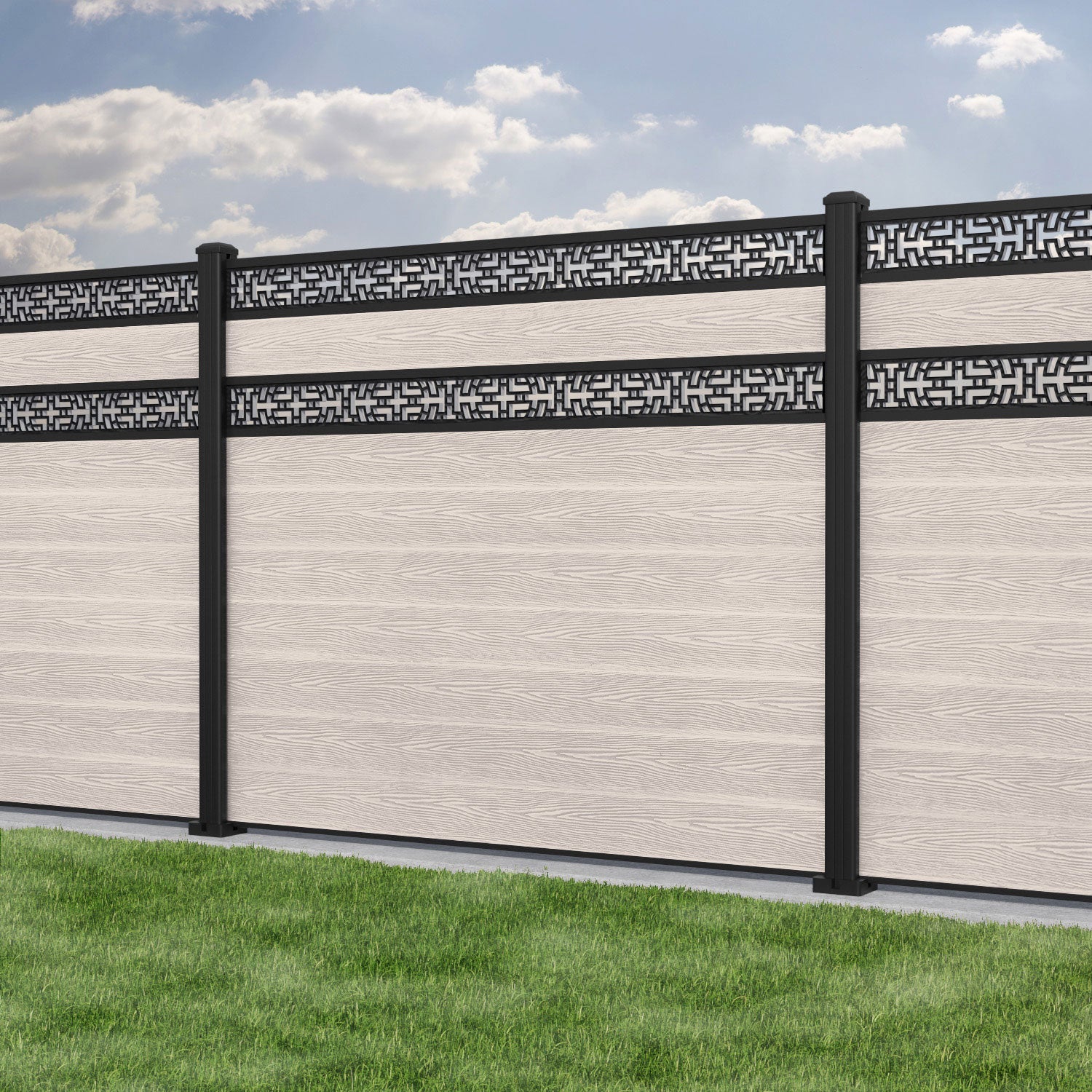 Classic Kumo Split Screen Fence Panel - Mid Stone - with our aluminium posts