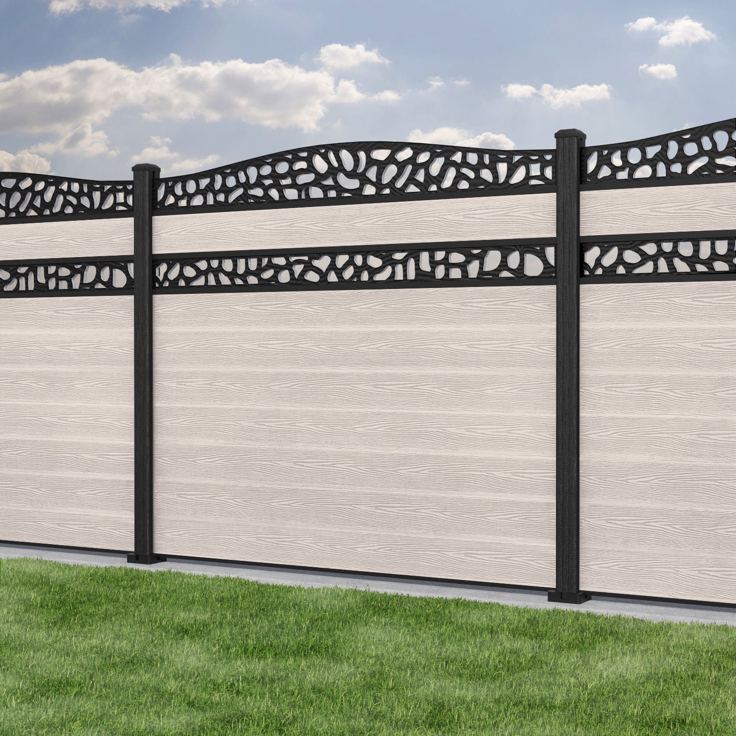 Classic Pebble Curved Top Split Screen Fence Panel - Mid Stone - with our composite posts