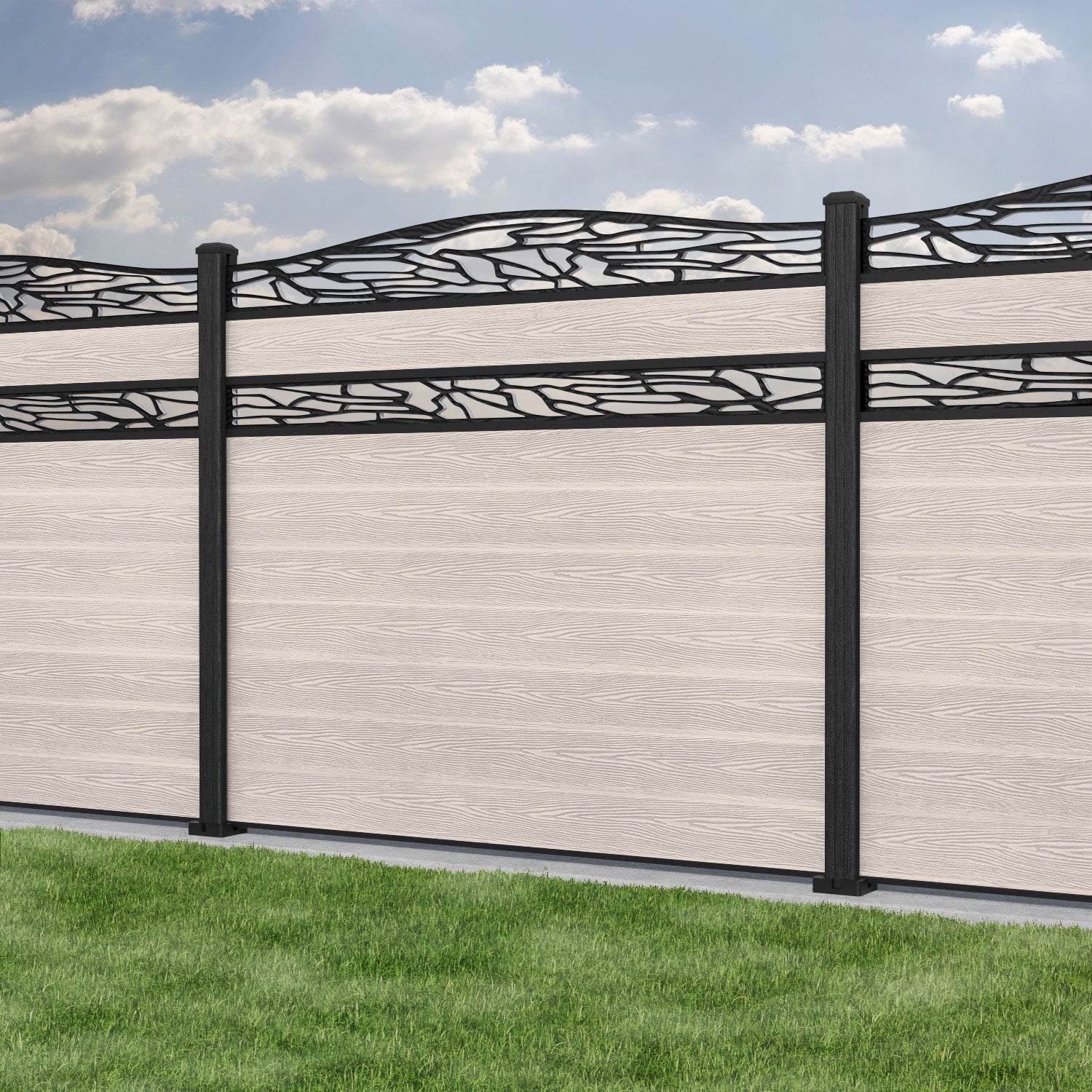 Classic Shatter Curved Top Split Screen Fence Panel - Mid Stone - with our composite posts