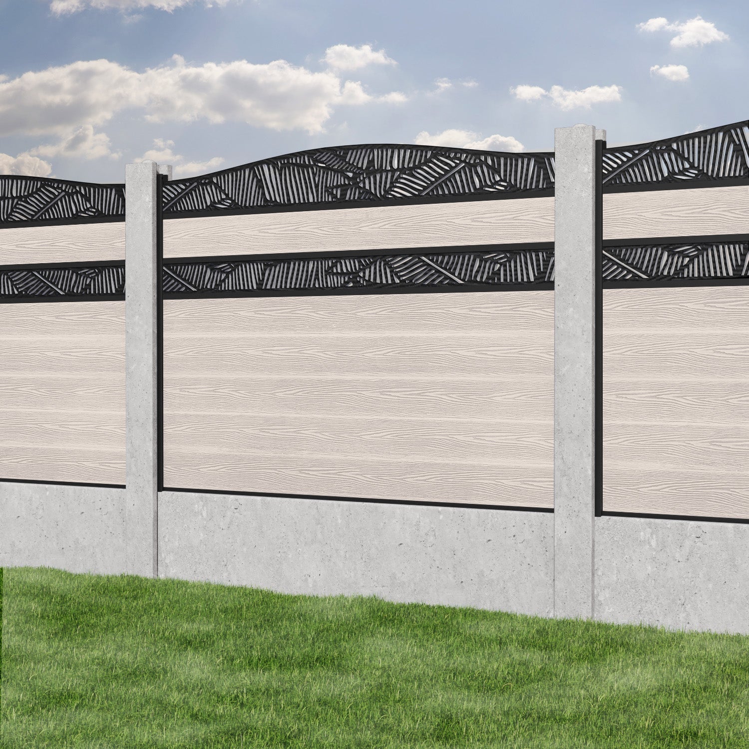 Classic Feather Curved Top Split Screen Fence Panel - Mid Stone - for existing concrete posts