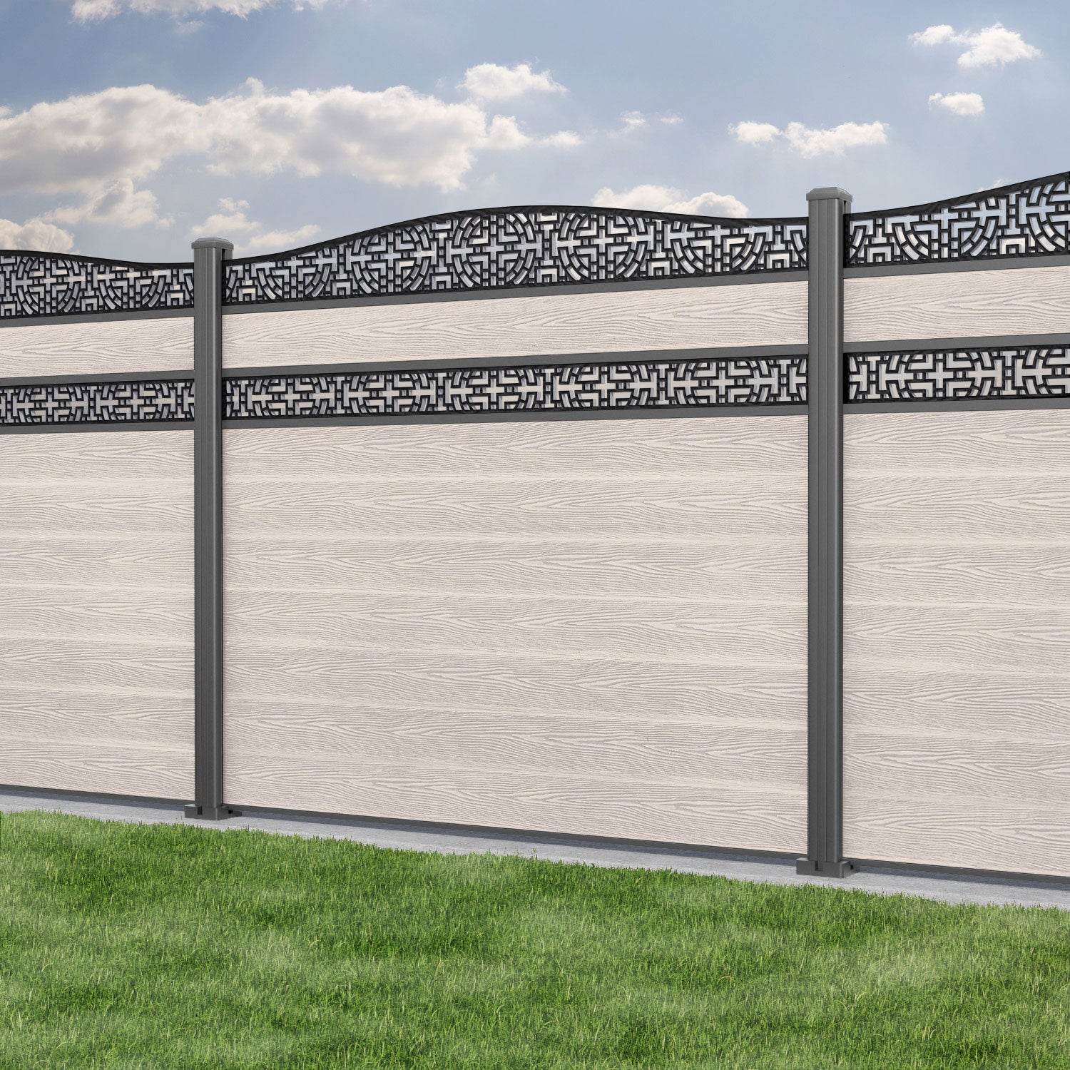 Classic Kumo Curved Top Split Screen Fence Panel - Mid Stone - with our aluminium posts