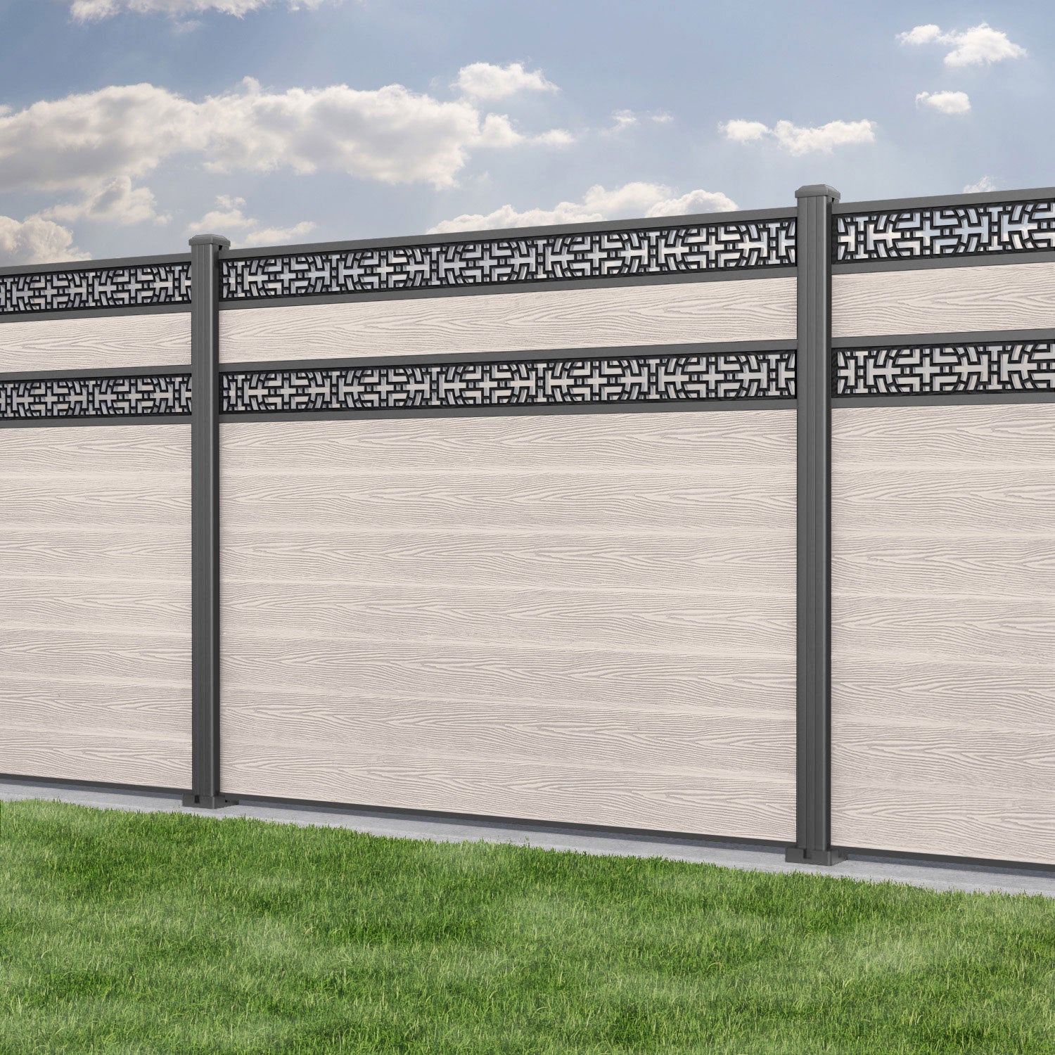 Classic Kumo Split Screen Fence Panel - Mid Stone - with our aluminium posts