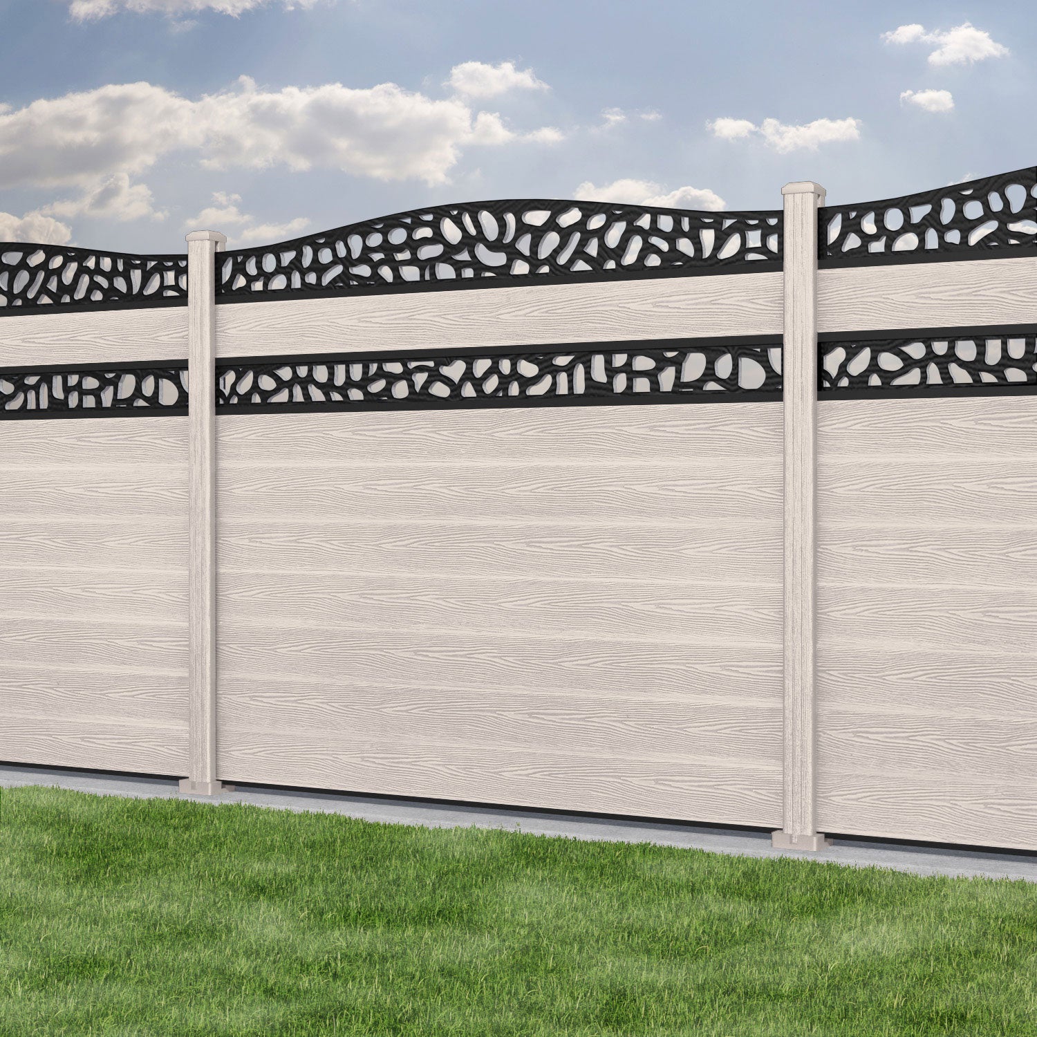 Classic Pebble Curved Top Split Screen Fence Panel - Mid Stone - with our composite posts