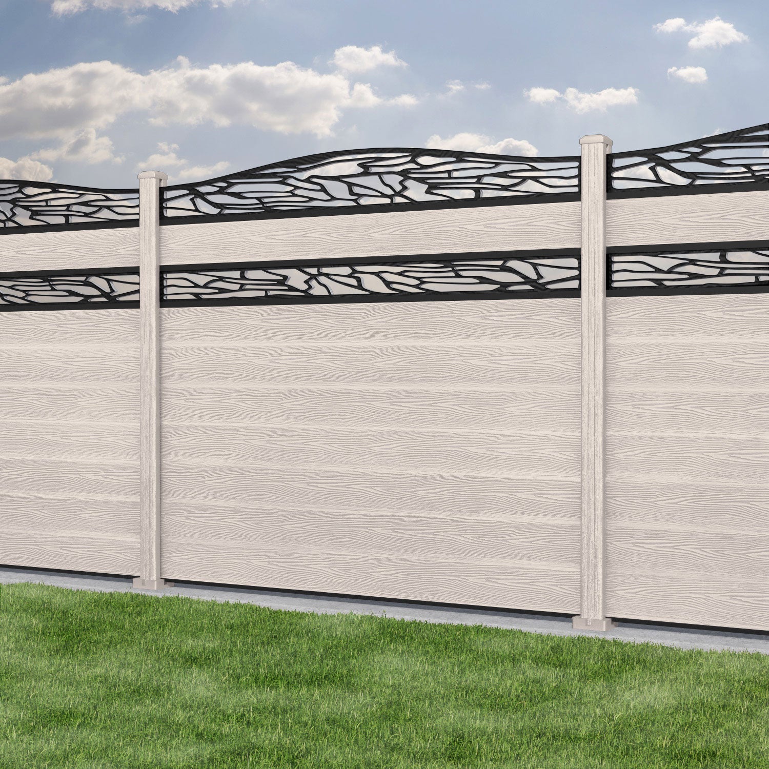 Classic Shatter Curved Top Split Screen Fence Panel - Mid Stone - with our composite posts