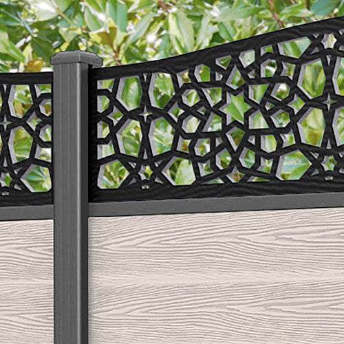 Classic Nazira Curved Top Fence Panel - Mid Stone - with our aluminium posts