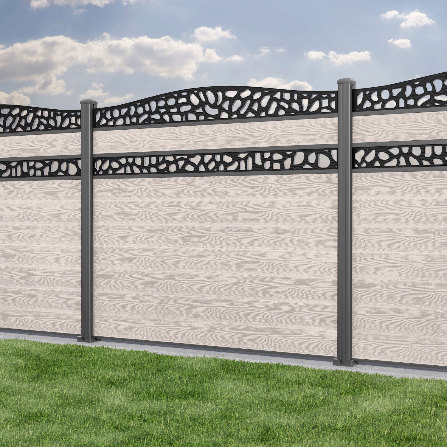 Classic Pebble Curved Top Split Screen Fence Panel - Mid Stone - with our aluminium posts