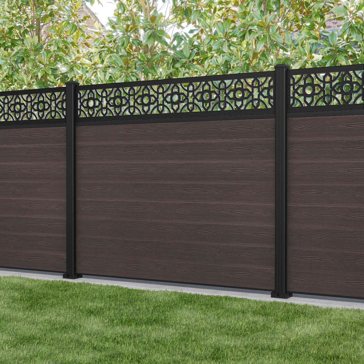 Classic Nabila Fence Panel - Mid Brown - with our aluminium posts