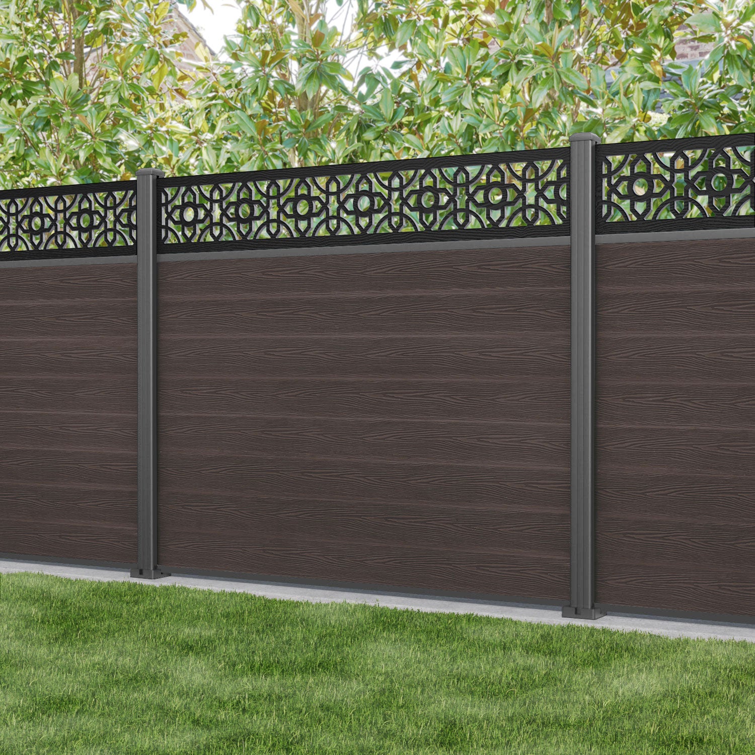 Classic Nabila Fence Panel - Mid Brown - with our aluminium posts