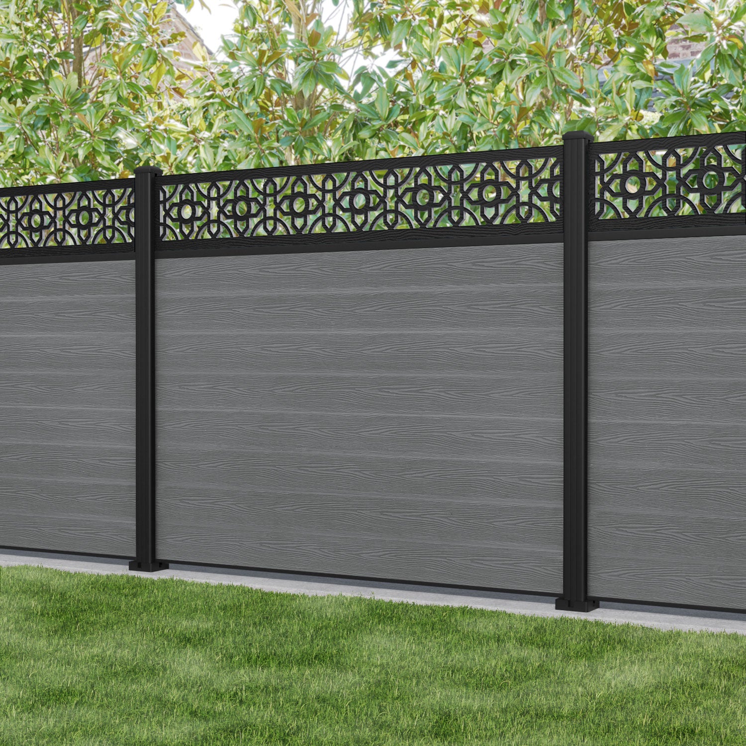 Classic Nabila Fence Panel - Mid Grey - with our aluminium posts