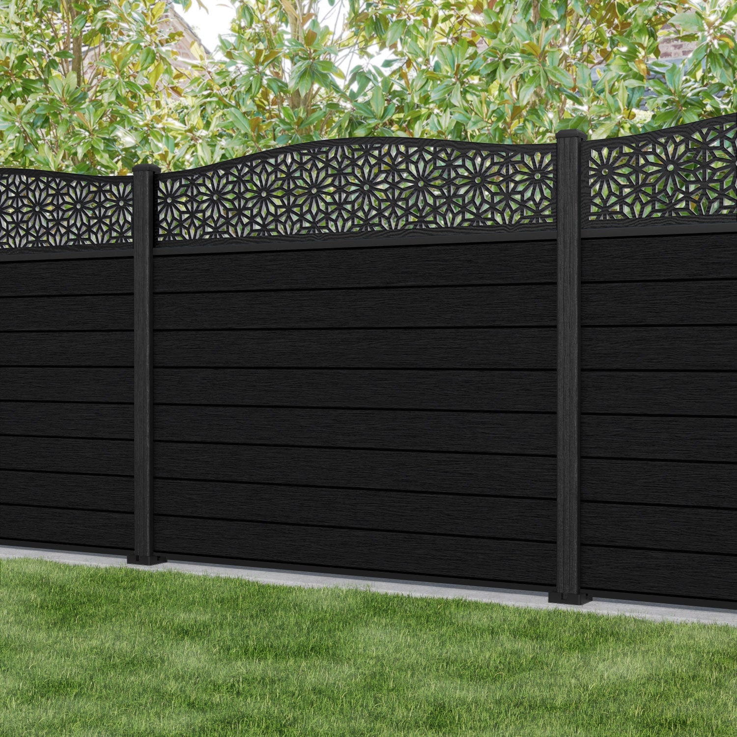 Fusion Narwa Curved Top Fence Panel - Black - with our composite posts