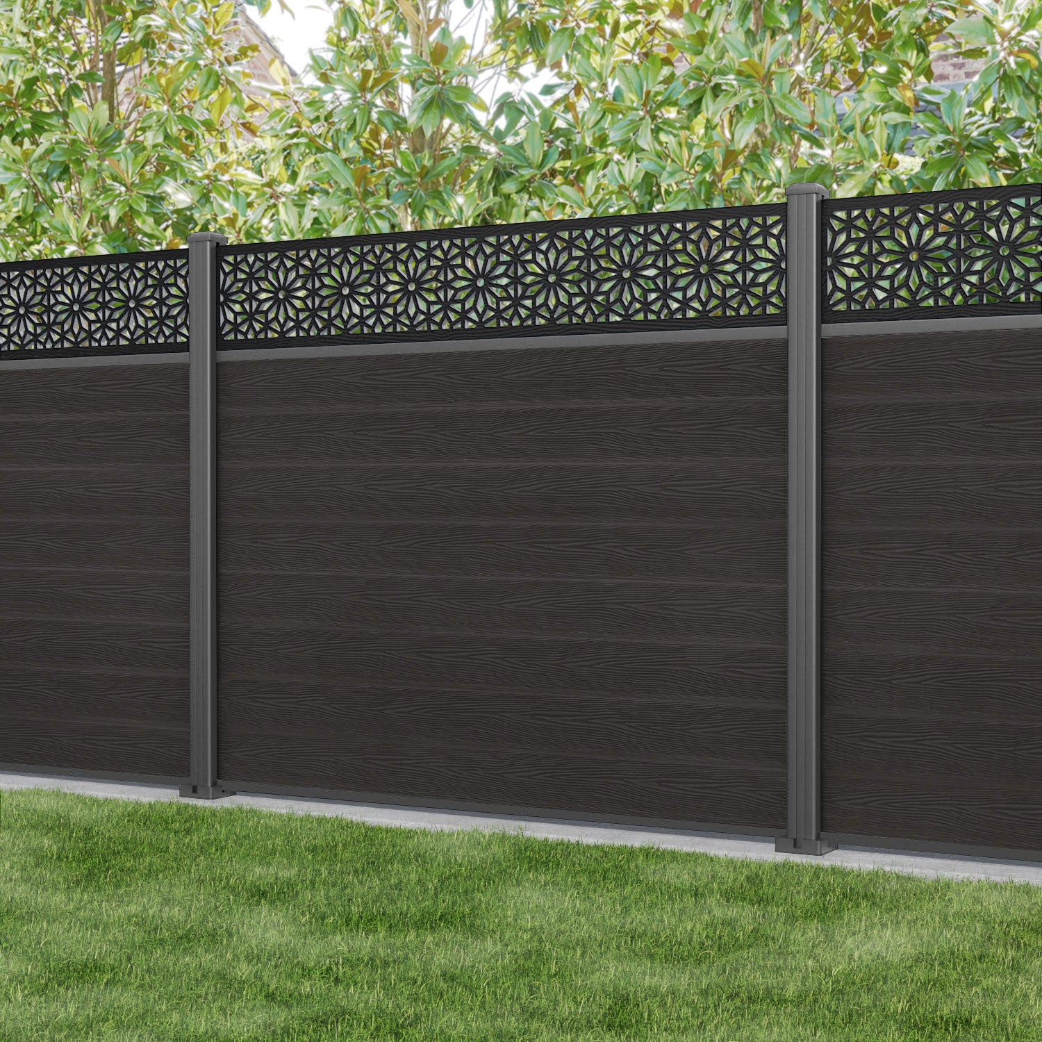 Classic Narwa Fence Panel - Dark Oak - with our aluminium posts
