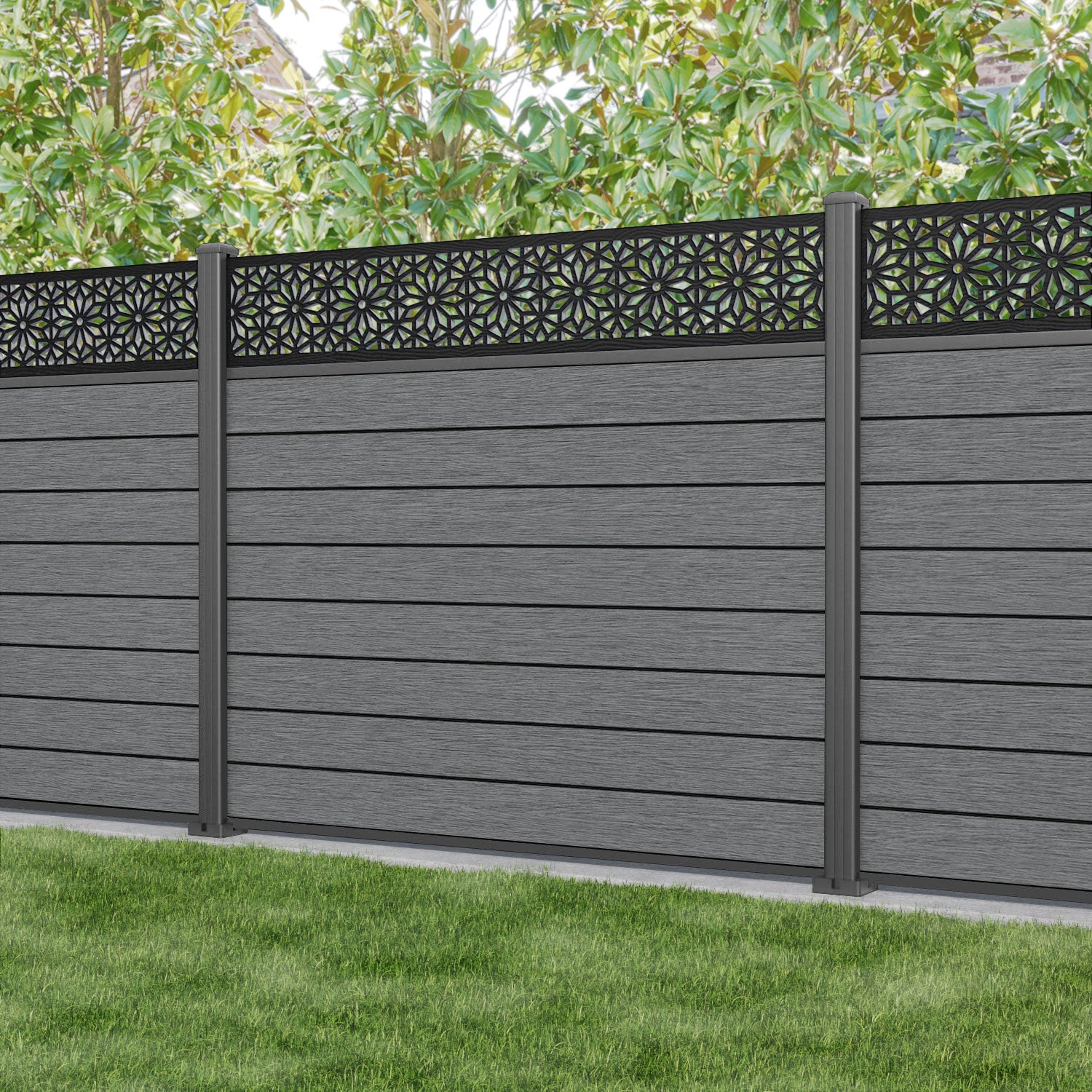 Fusion Narwa Fence Panel - Mid Grey - with our aluminium posts