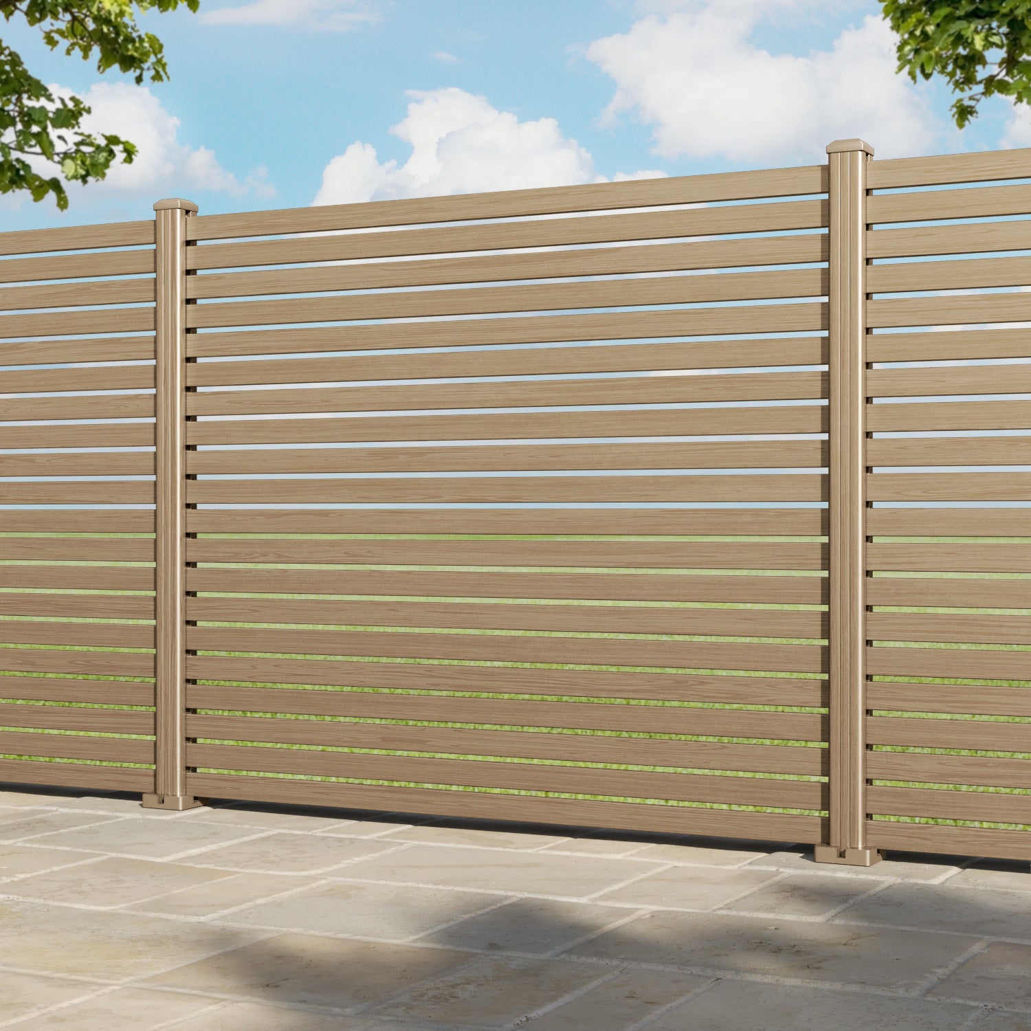 Aria Aluminium Fence Panel - Natural Oak - with our aluminium posts