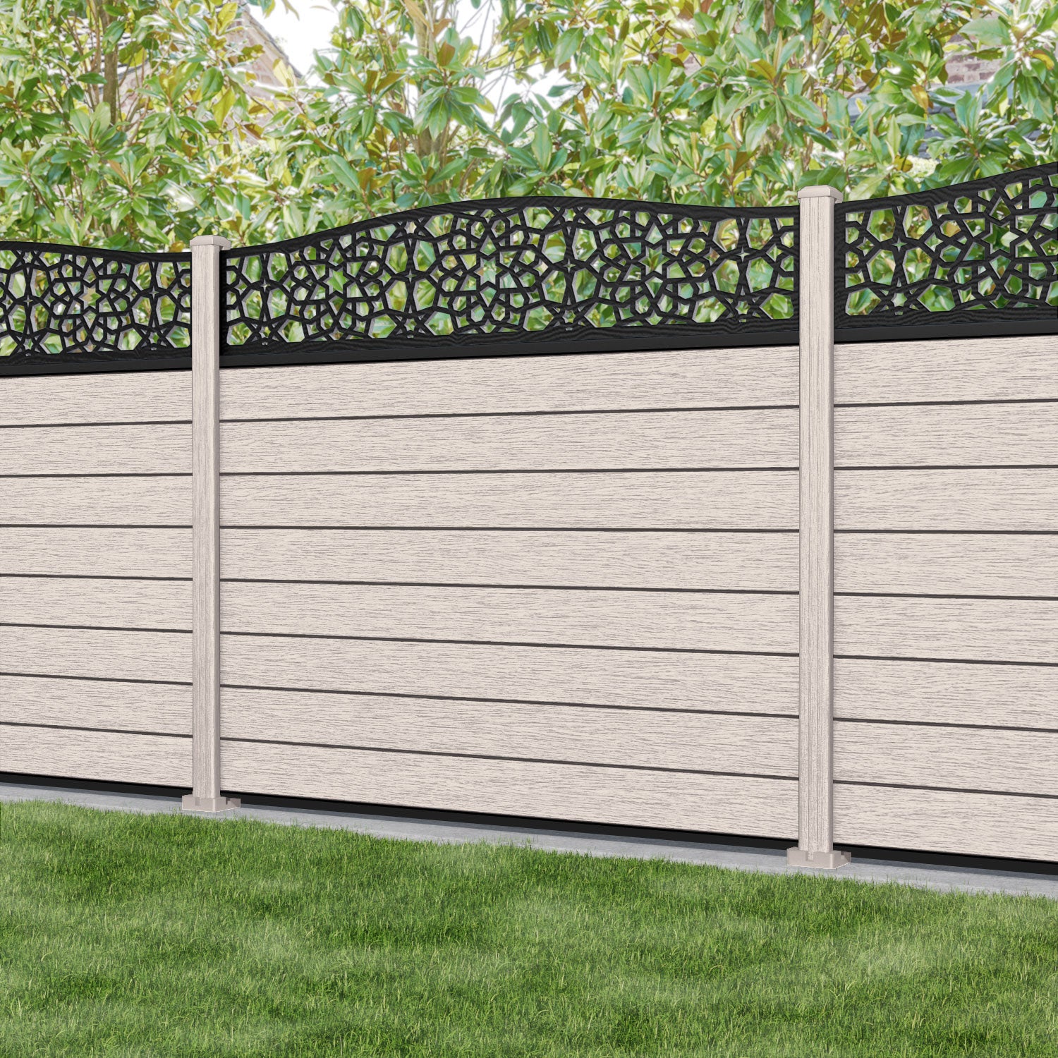 Fusion Nazira Curved Top Fence Panel - Mid Stone - with our composite posts
