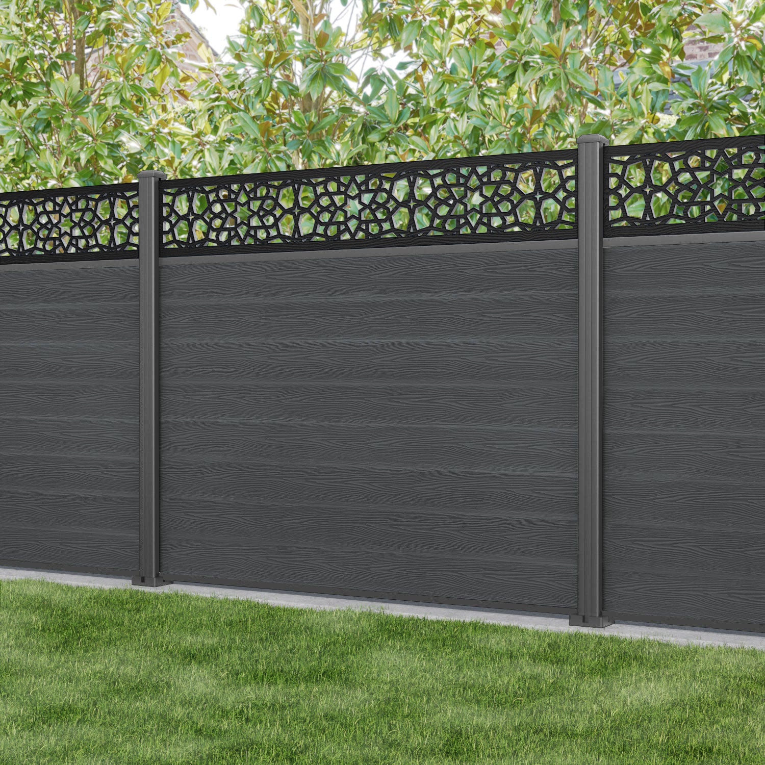 Classic Nazira Fence Panel - Dark Grey - with our aluminium posts