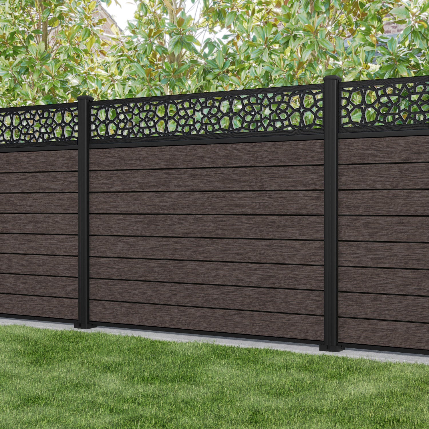 Fusion Nazira Fence Panel - Mid Brown - with our aluminium posts