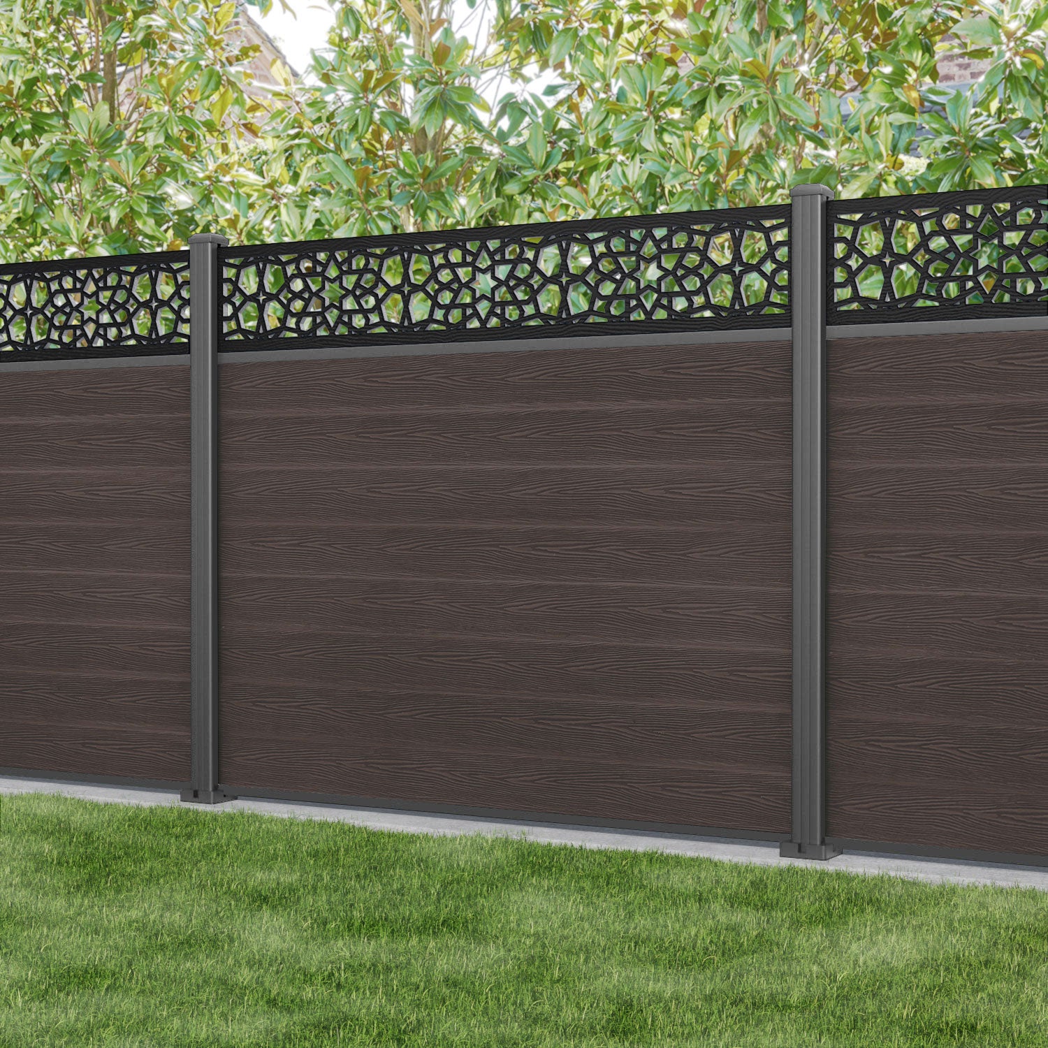 Classic Nazira Fence Panel - Mid Brown - with our aluminium posts