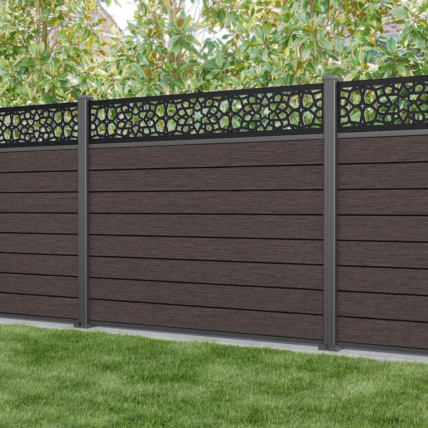 Fusion Nazira Fence Panel - Mid Brown - with our aluminium posts