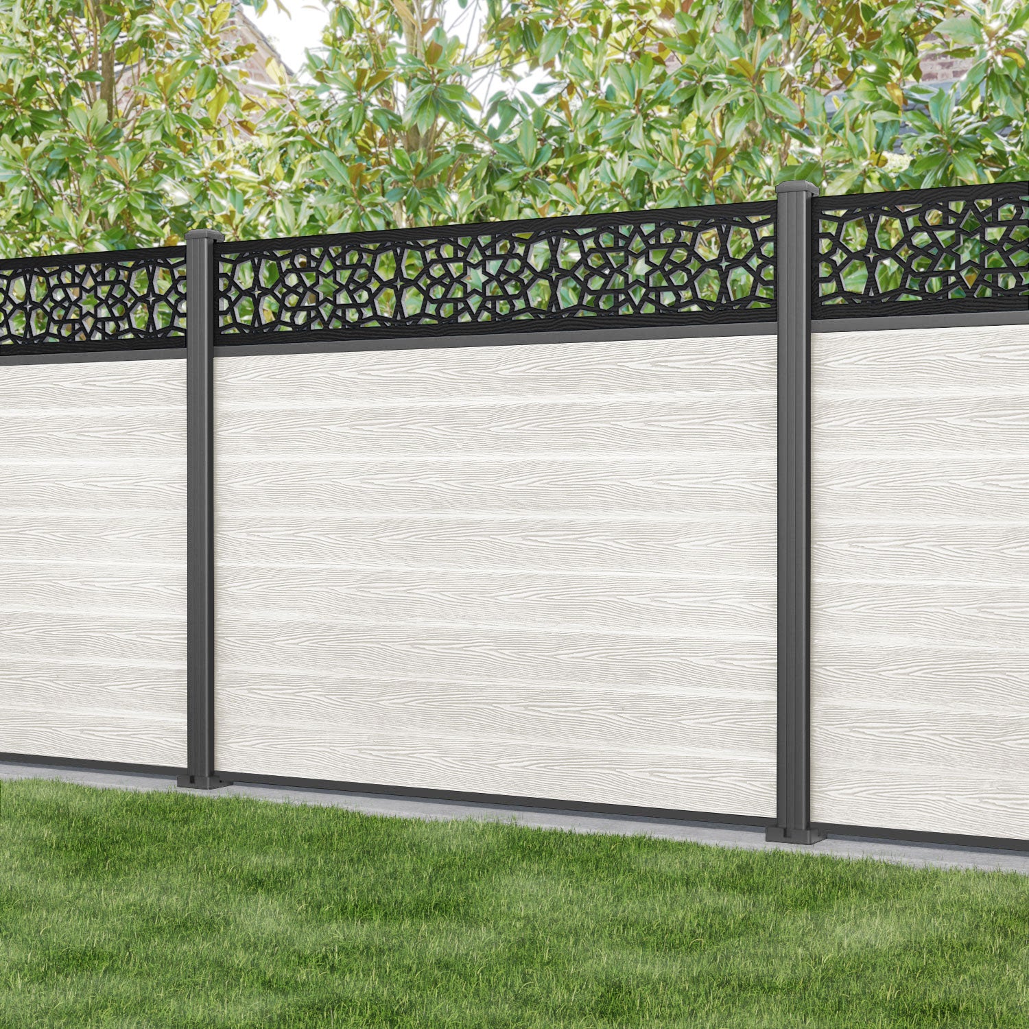 Classic Nazira Fence Panel - Light Stone - with our aluminium posts
