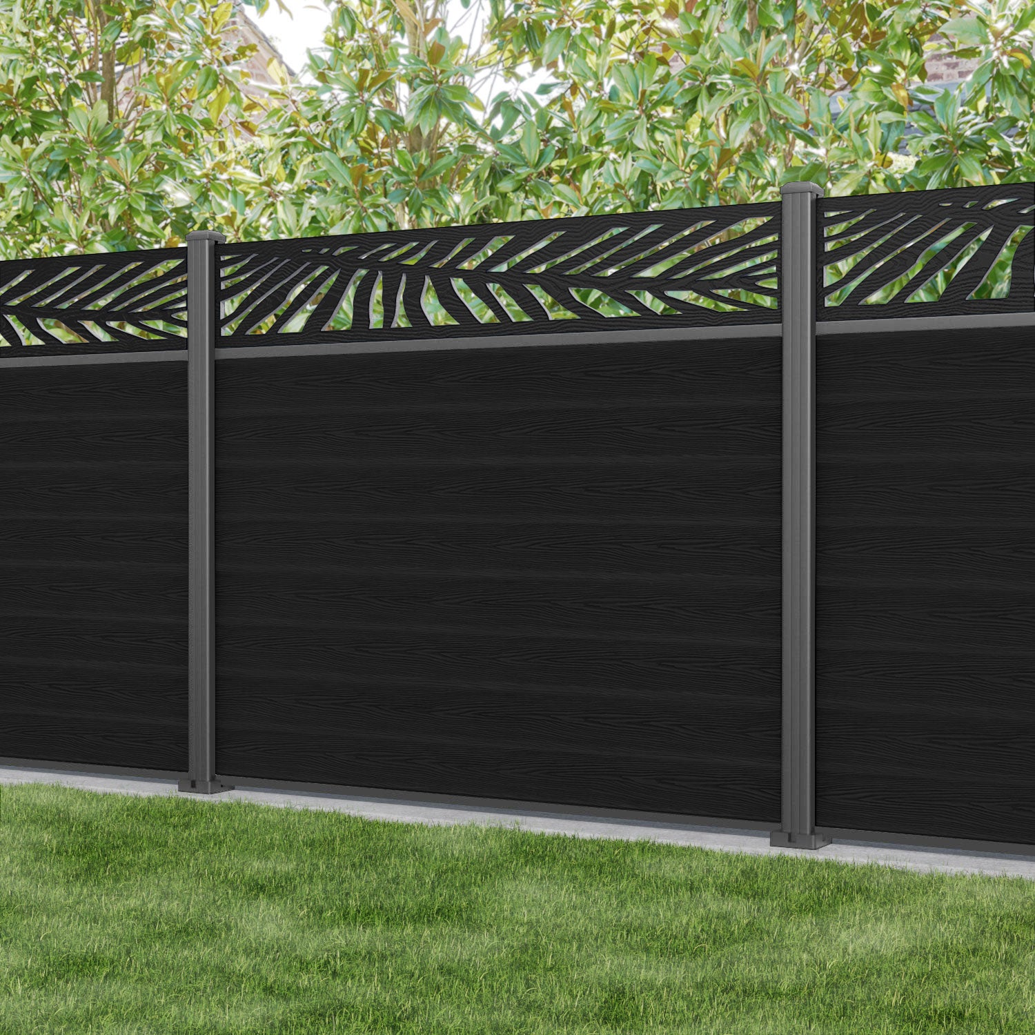 Classic Palm Fence Panel - Black - with our aluminium posts