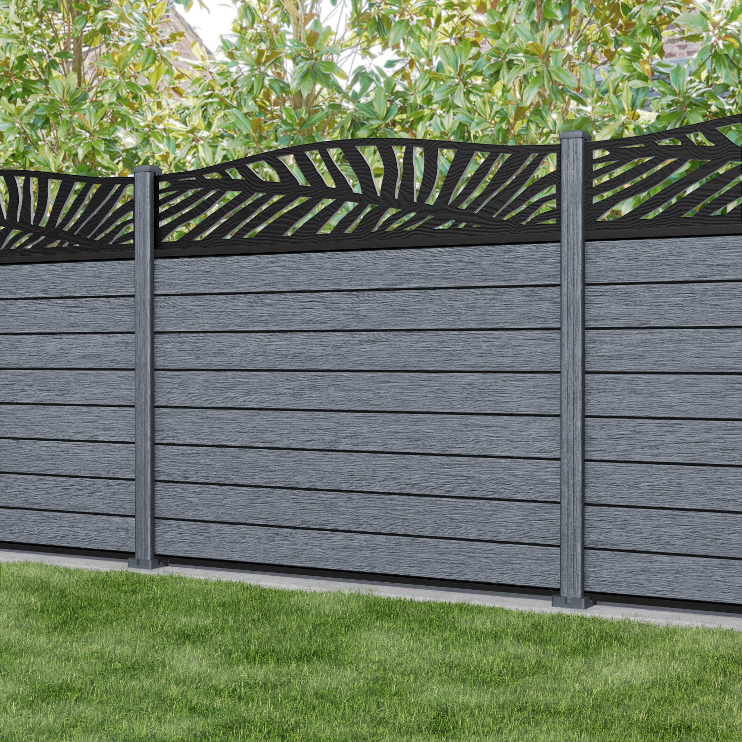 Fusion Palm Curved Top Fence Panel - Anthracite - with our composite posts