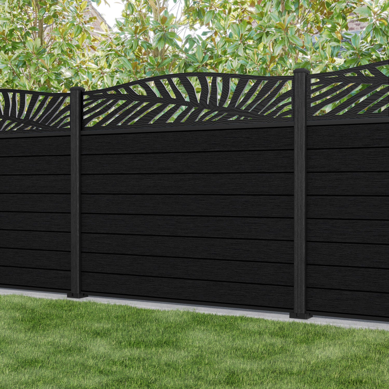 Fusion Palm Curved Top Fence Panel - Black - with our composite posts
