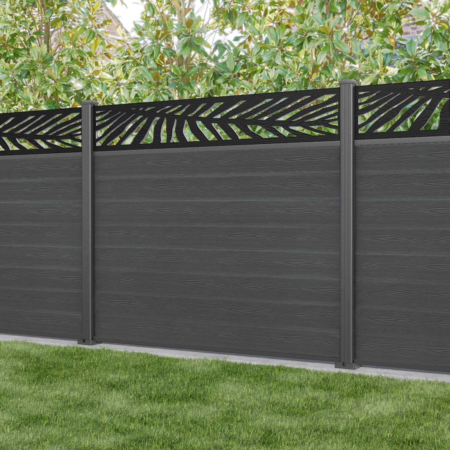 Classic Palm Fence Panel - Dark Grey - with our aluminium posts