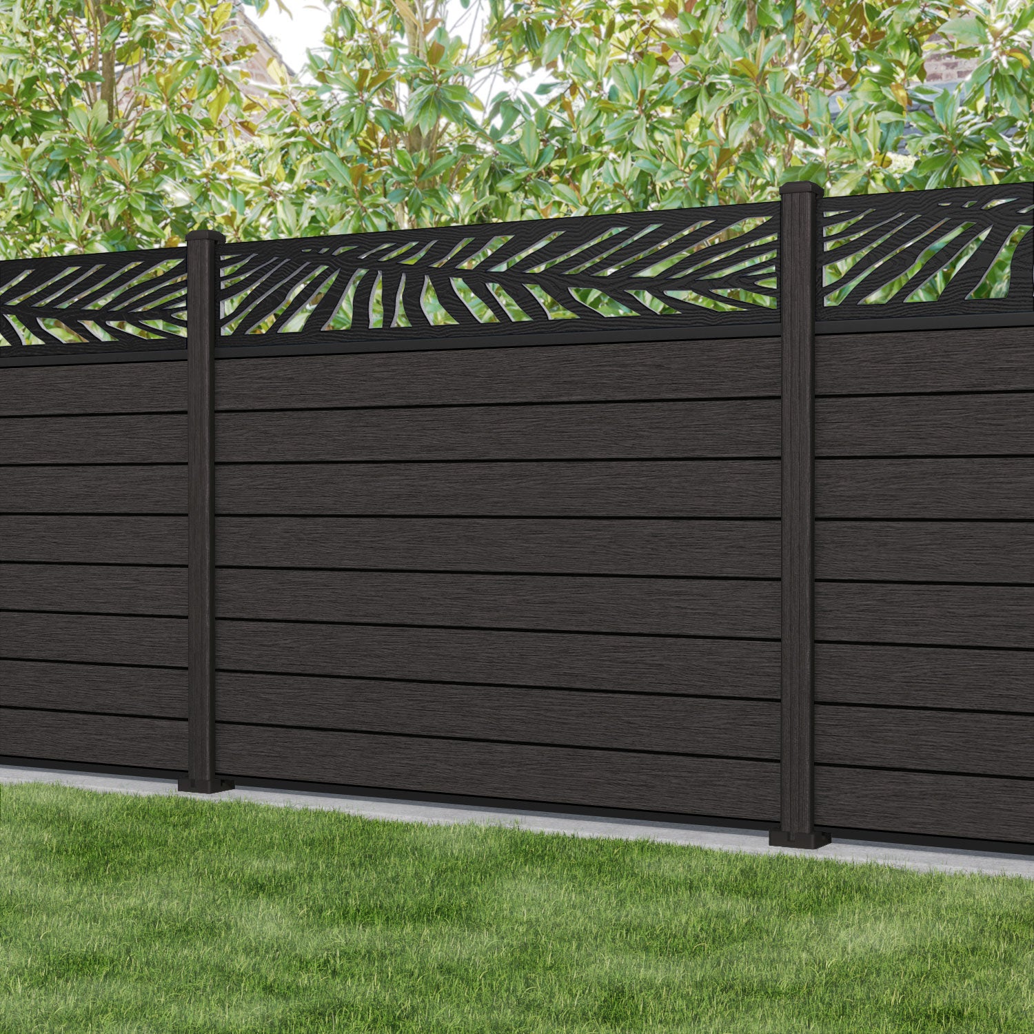 Fusion Palm Fence Panel - Dark Oak - with our composite posts