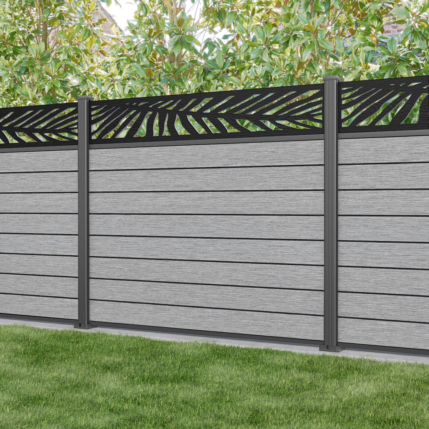 Fusion Palm Fence Panel - Light Grey - with our aluminium posts