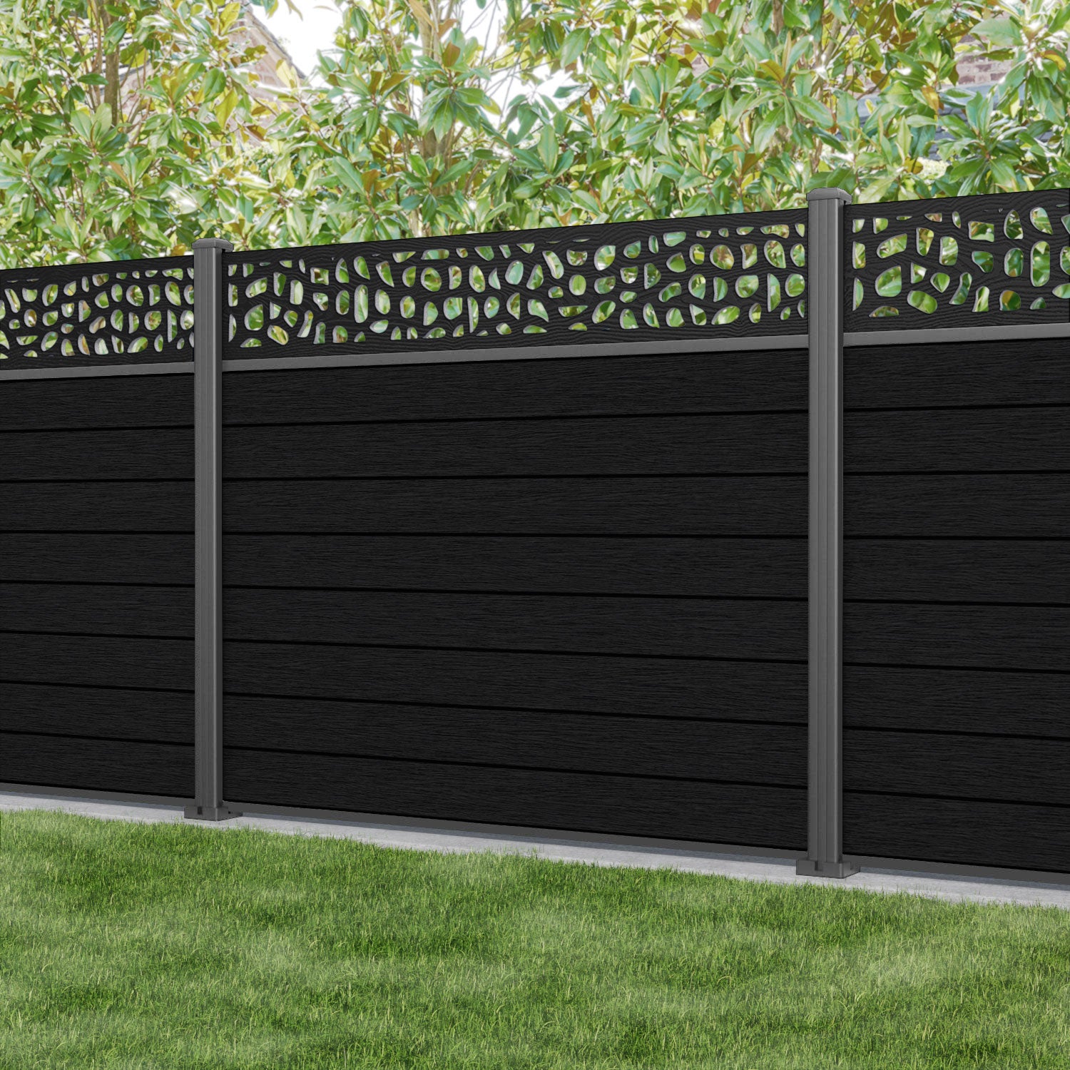 Fusion Pebble Fence Panel - Black - with our aluminium posts