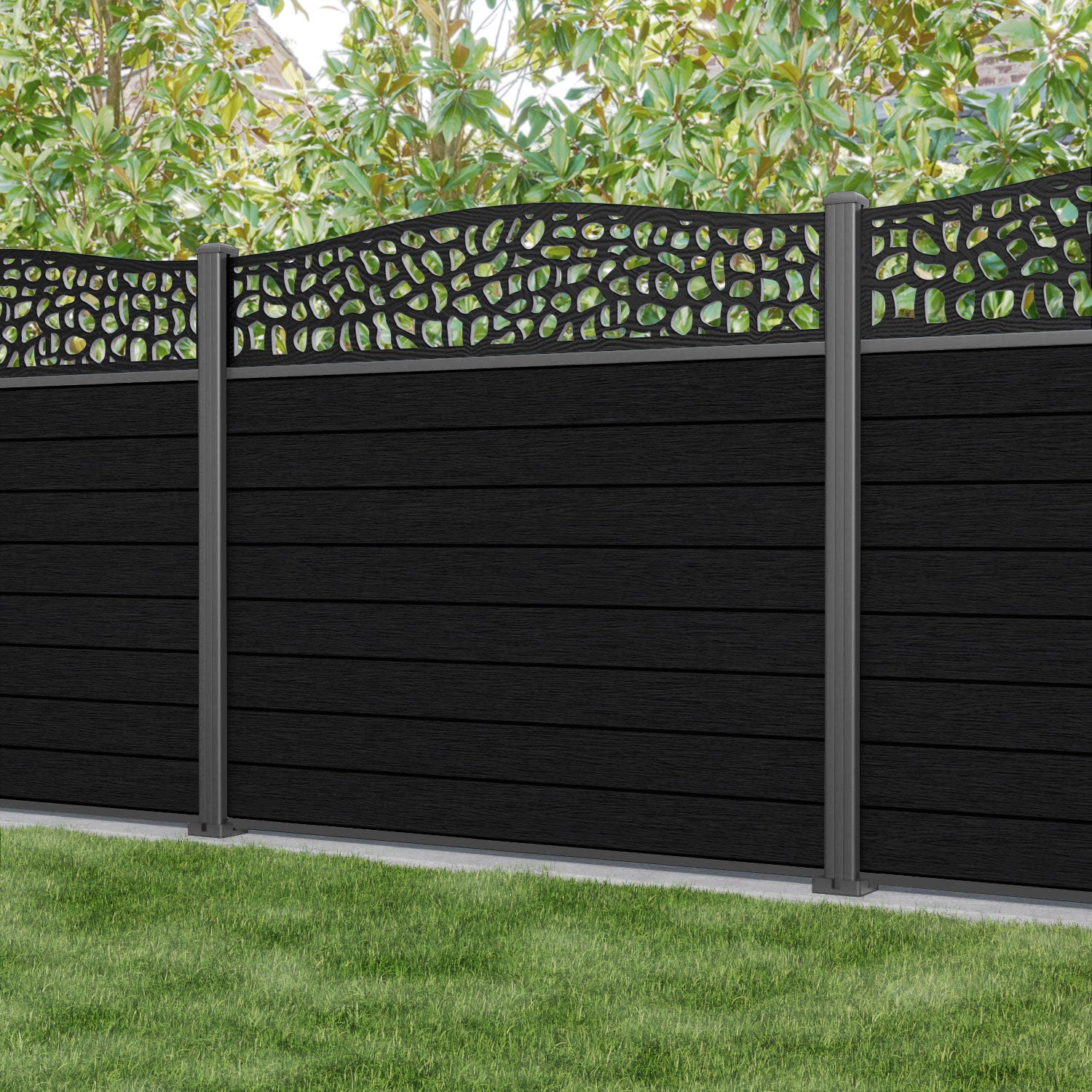 Fusion Pebble Curved Top Fence Panel - Black - with our aluminium posts