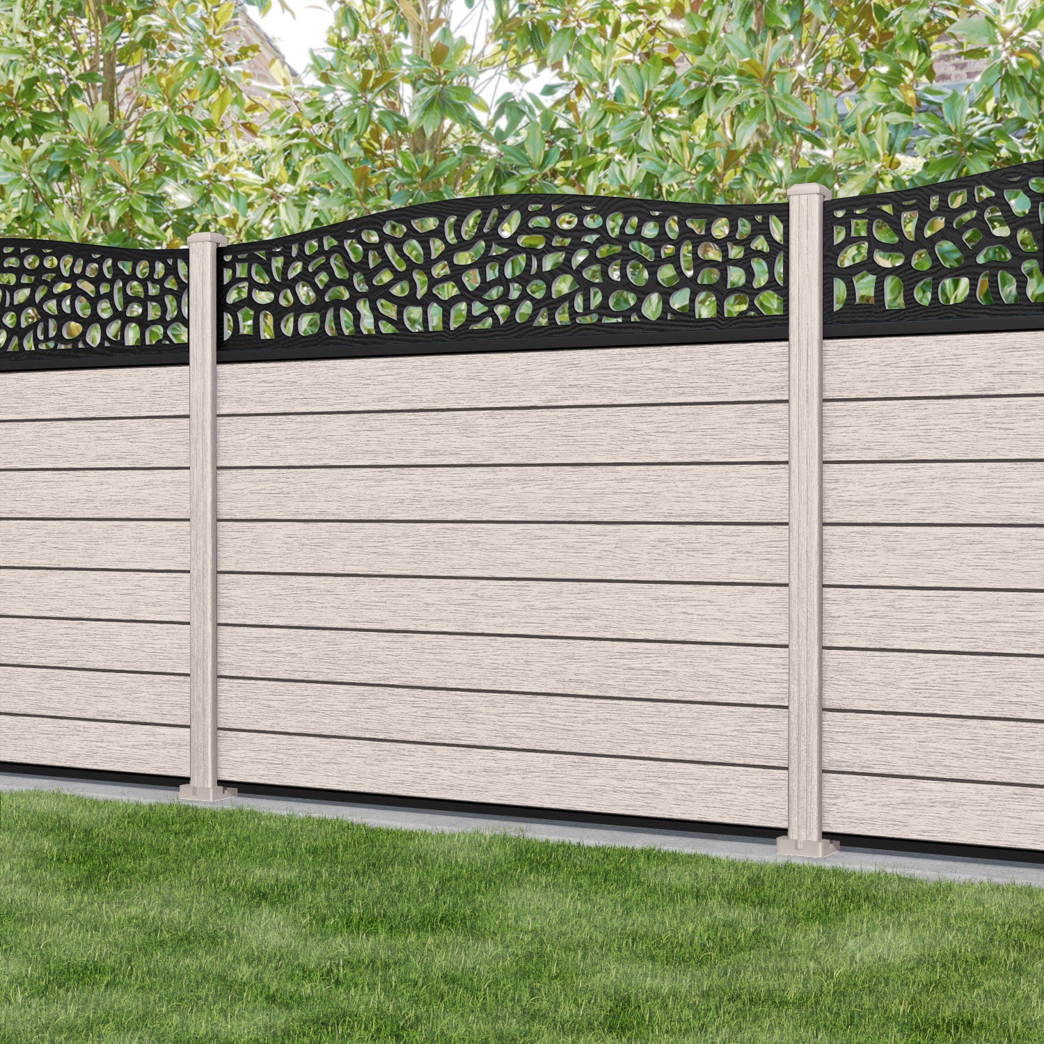 Fusion Pebble Curved Top Fence Panel - Mid Stone - with our composite posts