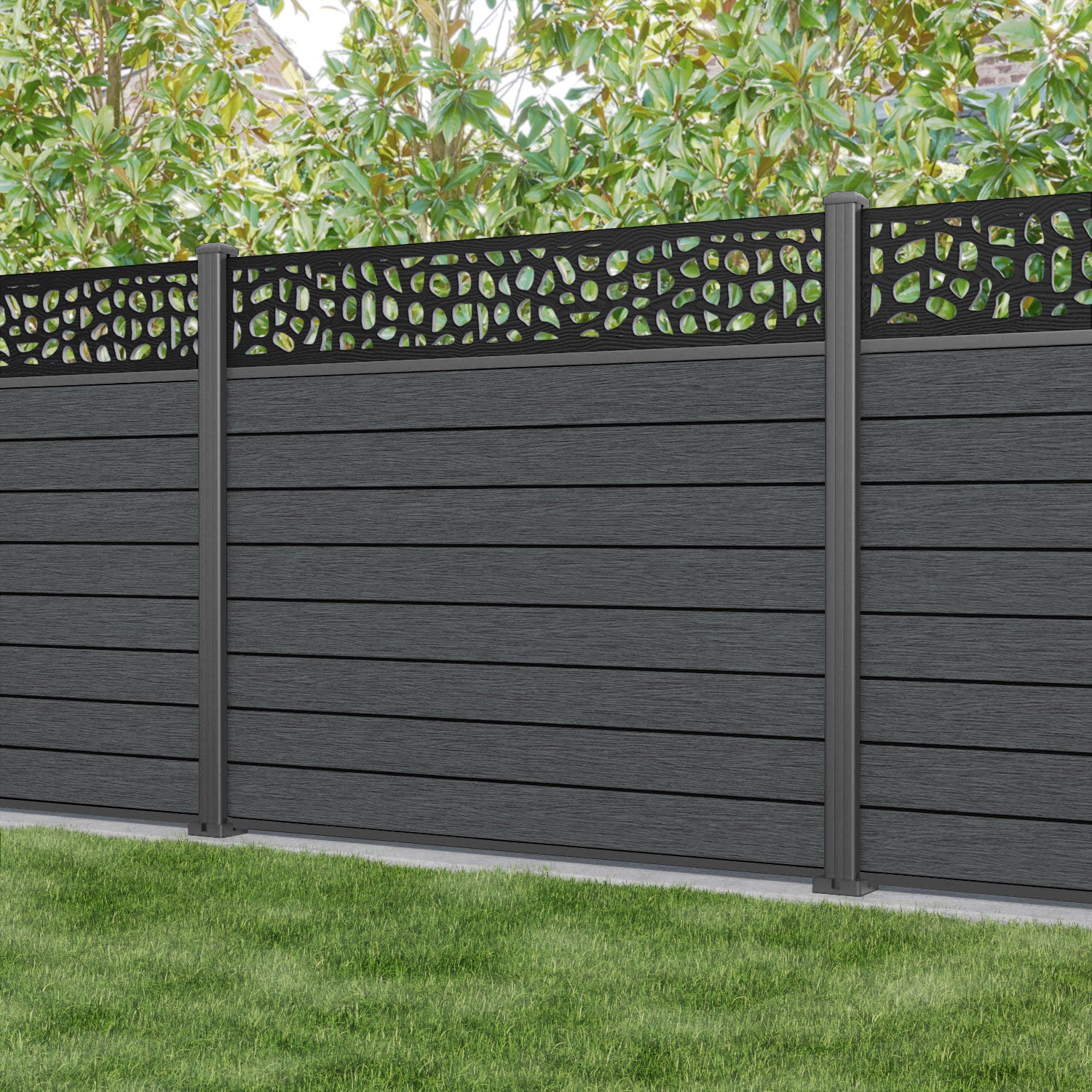 Fusion Pebble Fence Panel - Dark Grey - with our aluminium posts