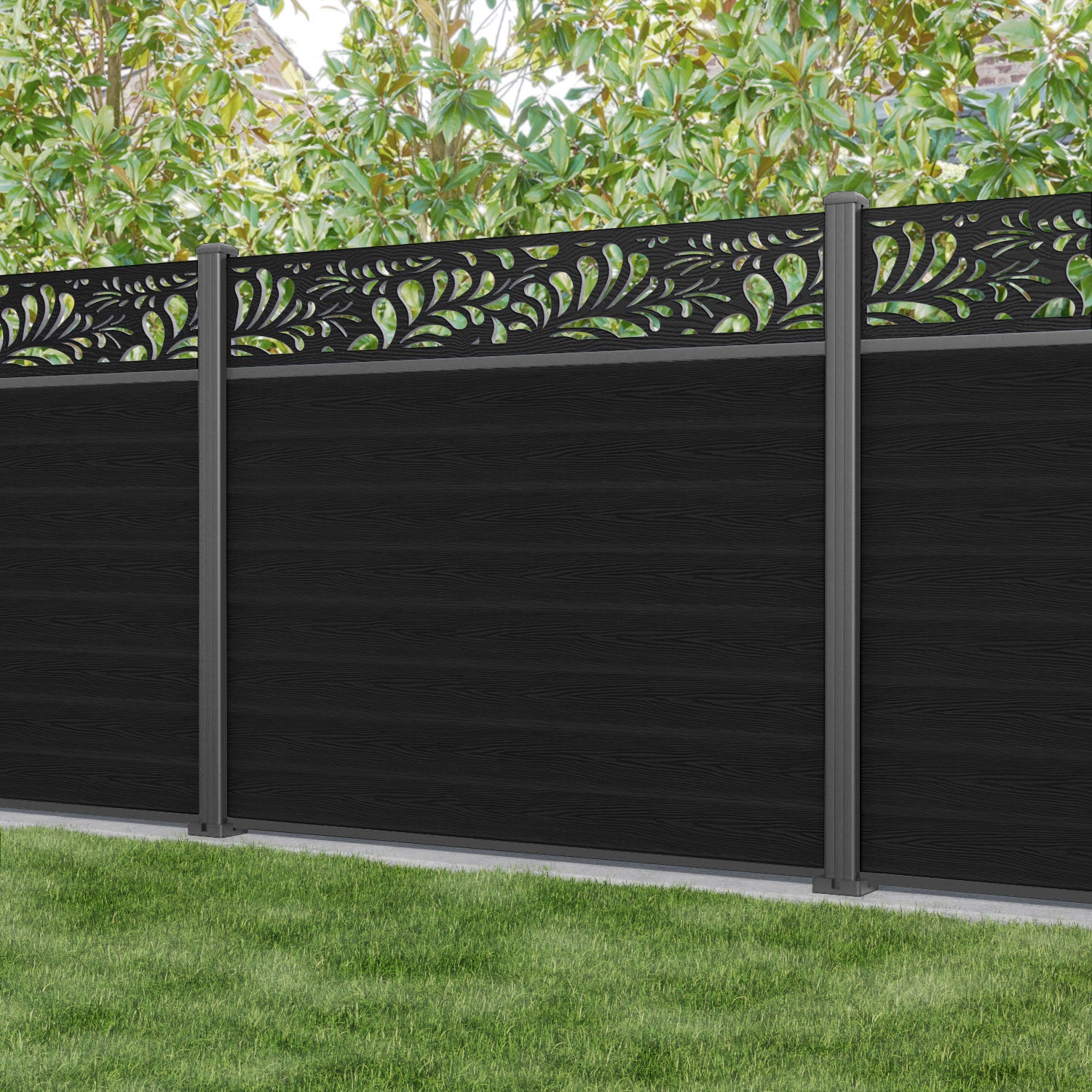 Classic Petal Fence Panel - Black - with our aluminium posts