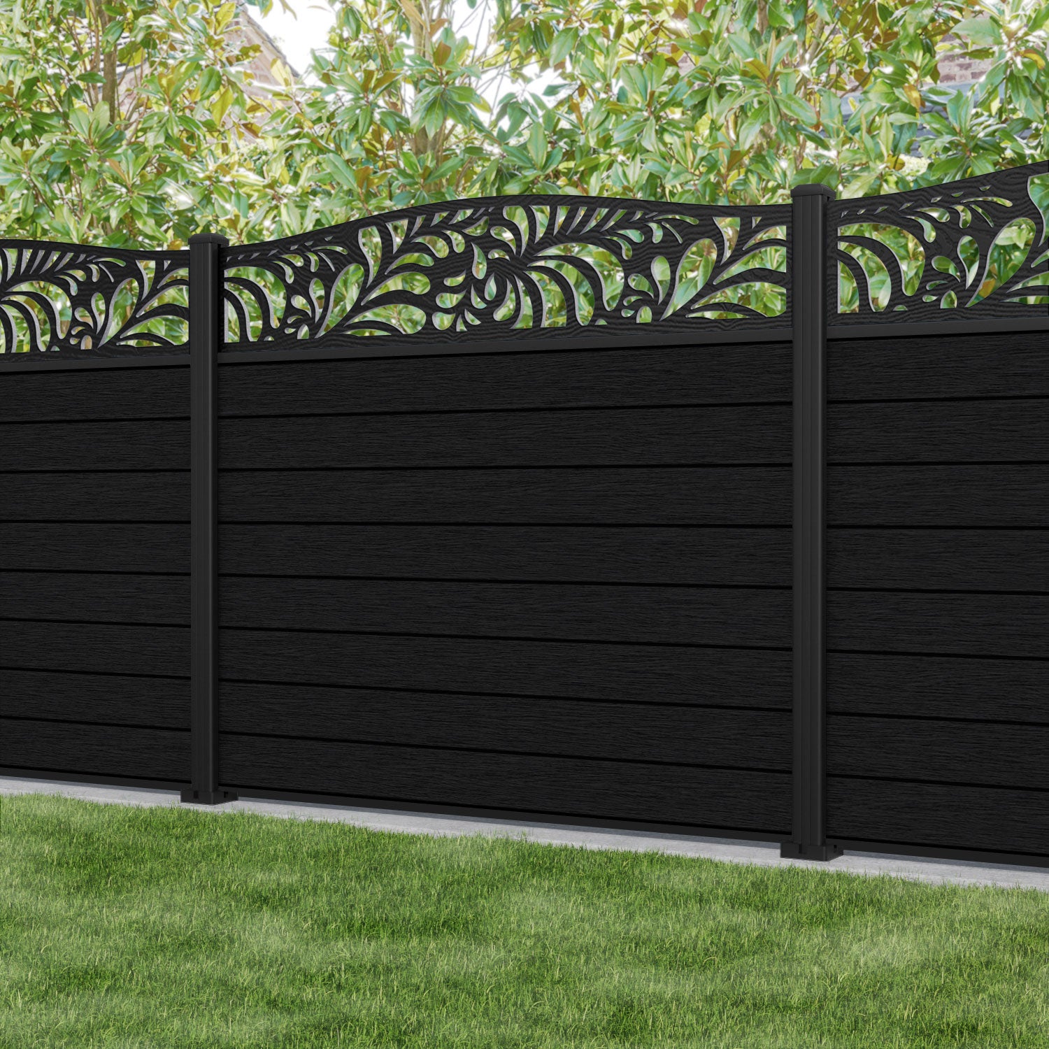 Fusion Petal Curved Top Fence Panel - Black - with our aluminium posts