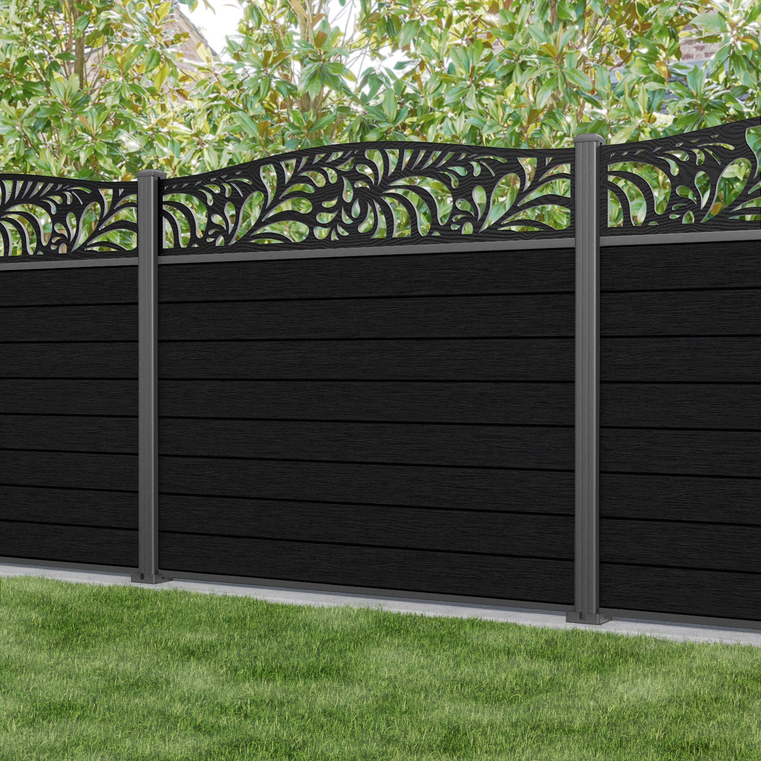 Fusion Petal Curved Top Fence Panel - Black - with our aluminium posts