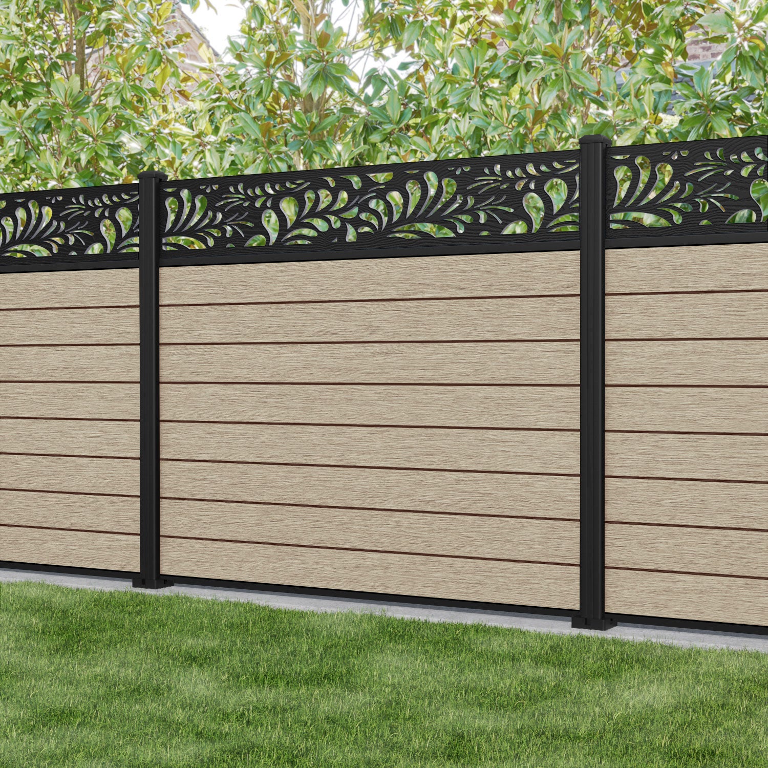 Fusion Petal Fence Panel - Light Oak - with our aluminium posts
