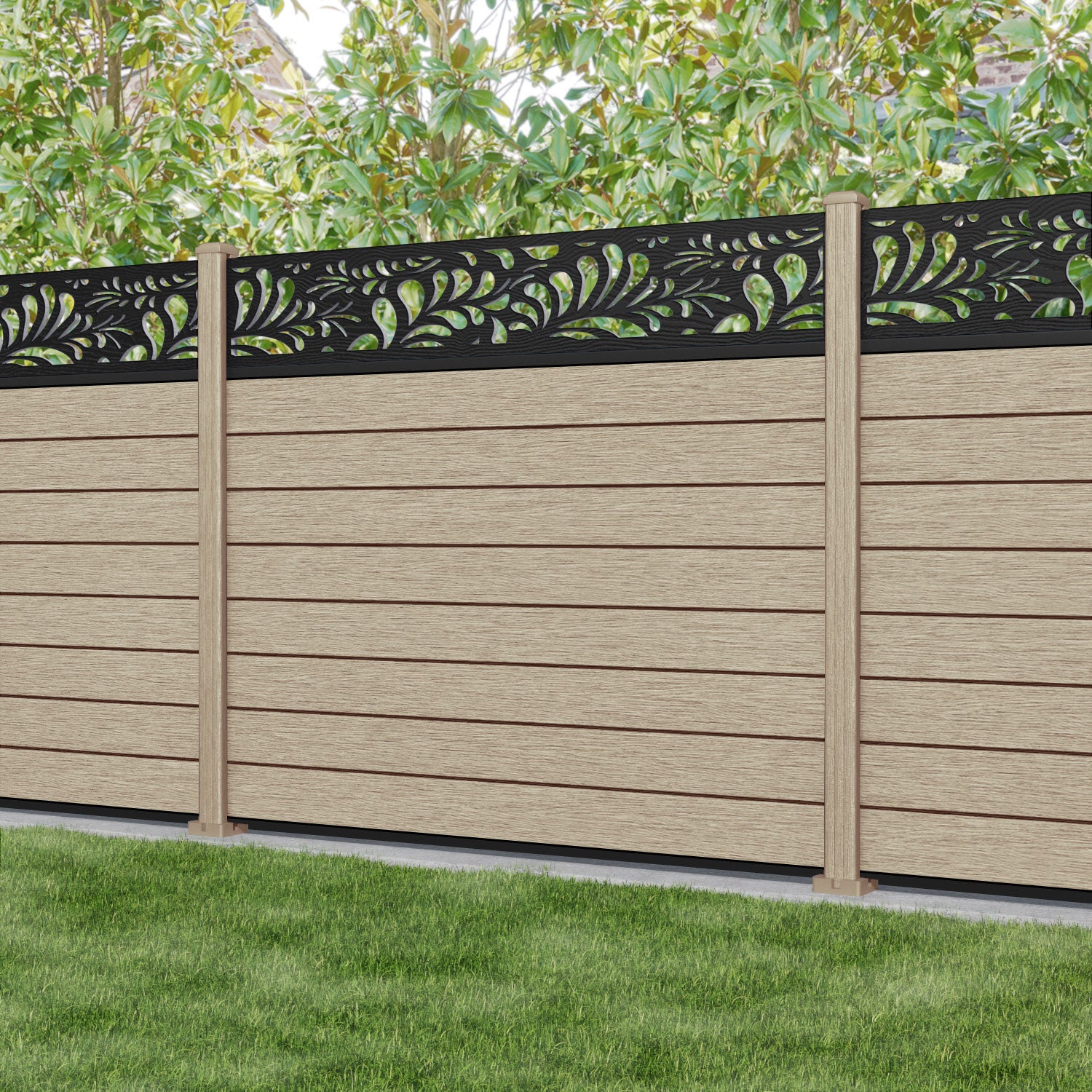 Fusion Petal Fence Panel - Light Oak - with our composite posts