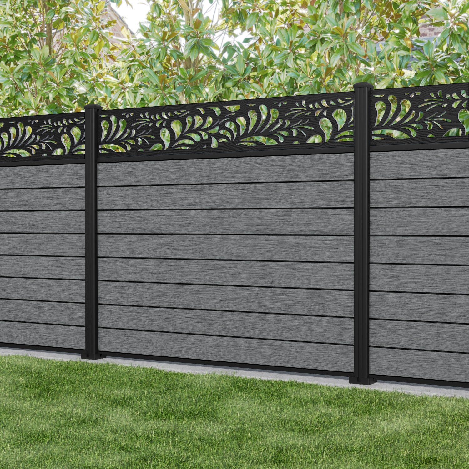 Fusion Petal Fence Panel - Mid Grey - with our aluminium posts