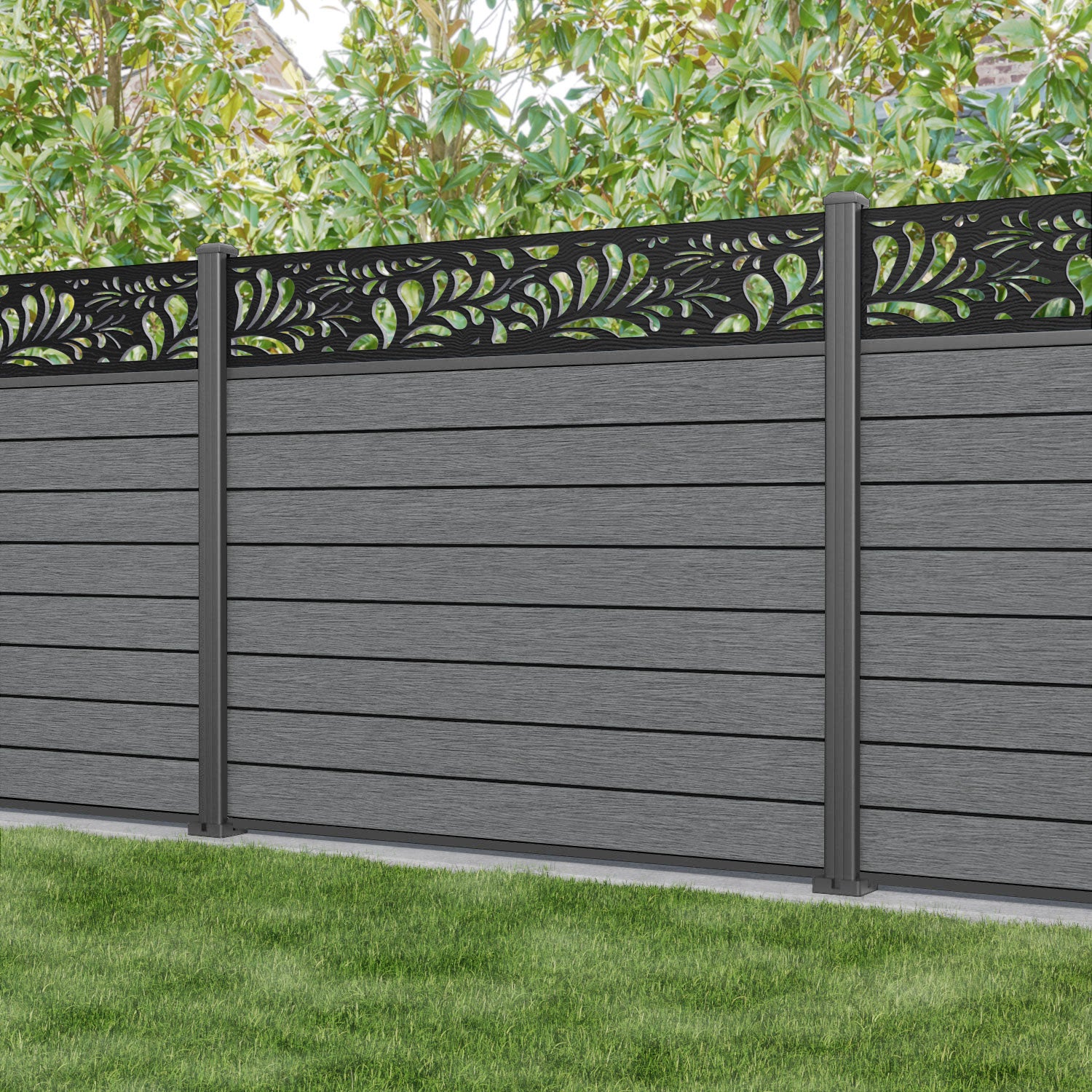 Fusion Petal Fence Panel - Mid Grey - with our aluminium posts