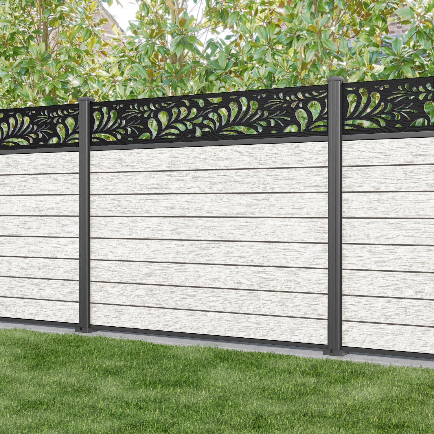 Fusion Petal Fence Panel - Light Stone - with our aluminium posts