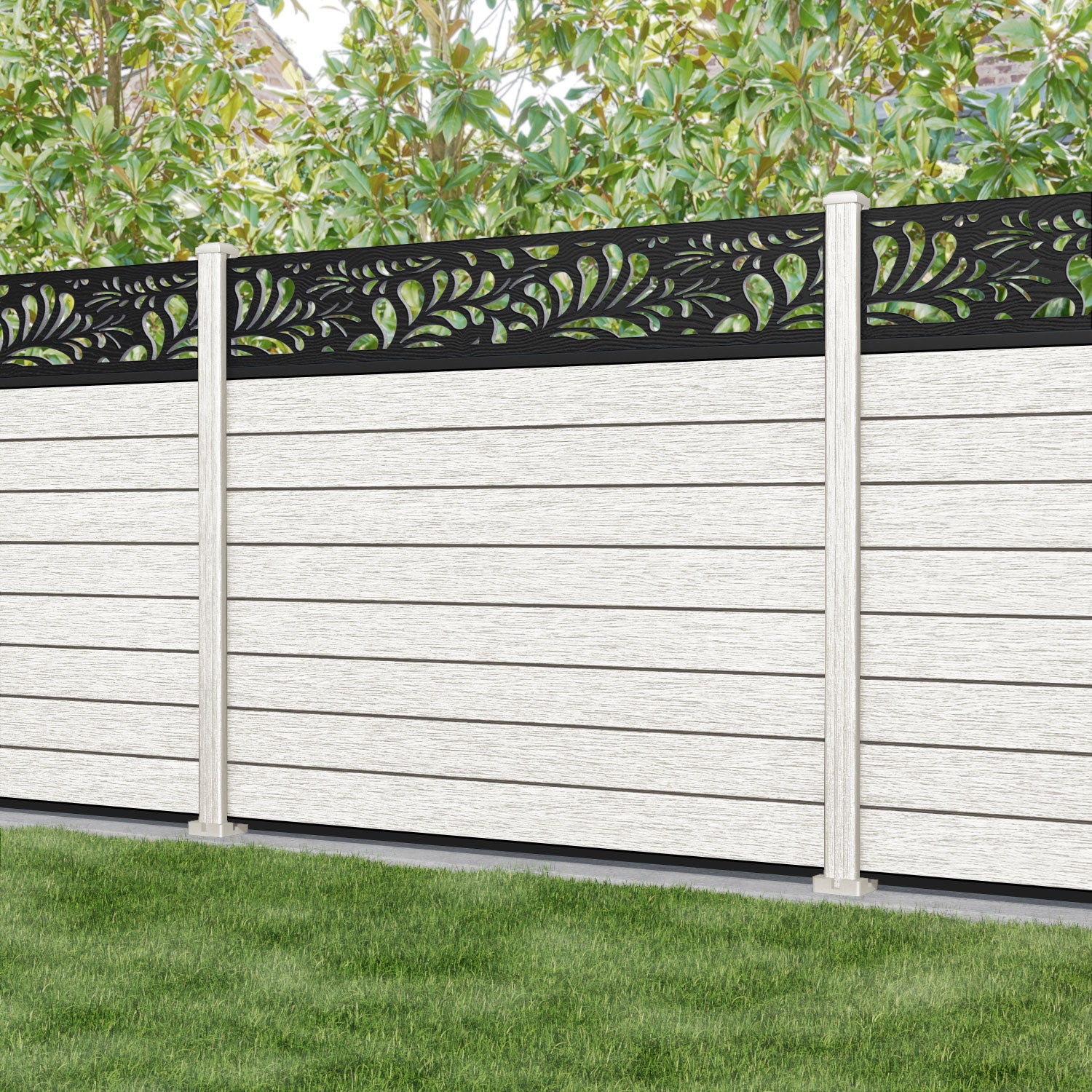 Fusion Petal Fence Panel - Light Stone - with our composite posts