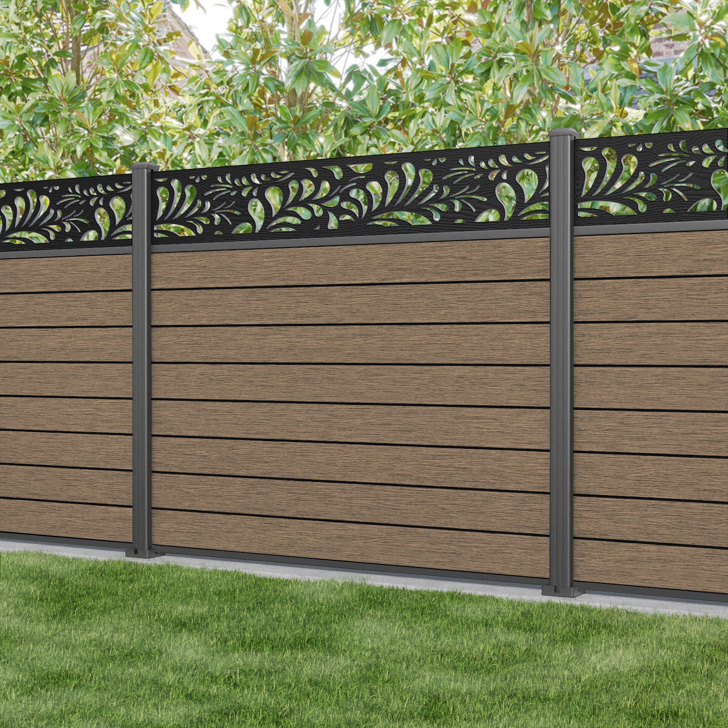 Fusion Petal Fence Panel - Teak - with our aluminium posts