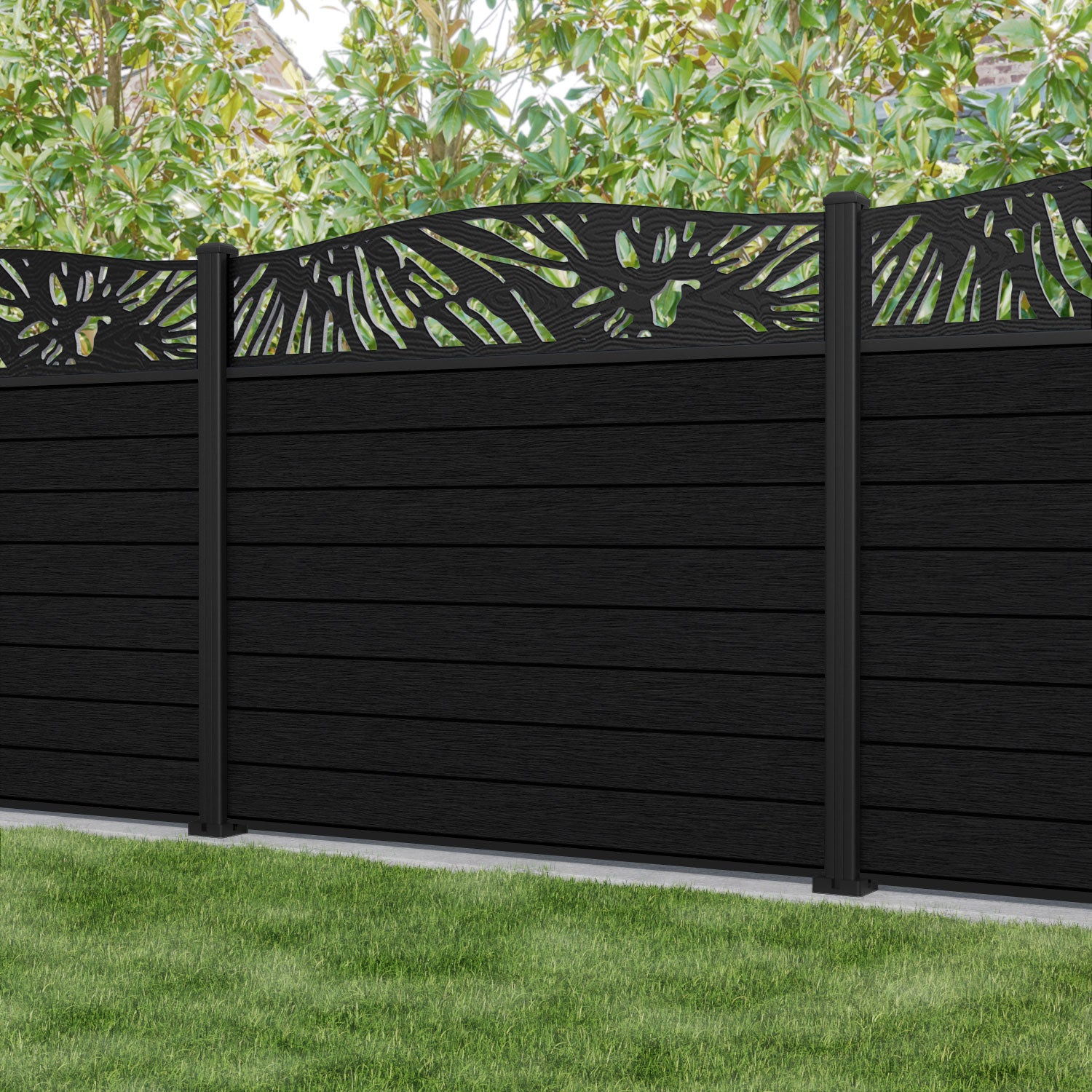Fusion Poppy Curved Top Fence Panel - Black - with our aluminium posts