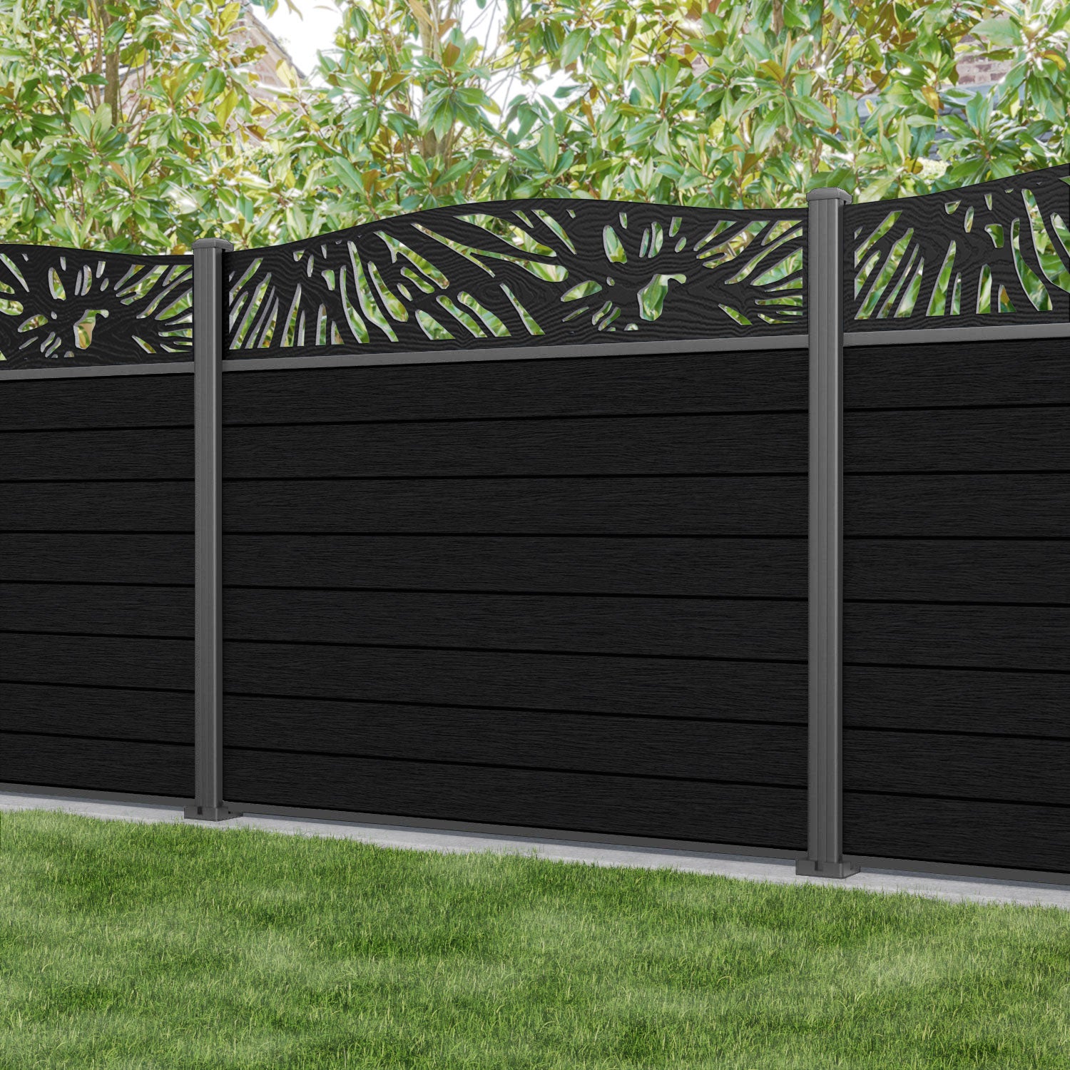 Fusion Poppy Curved Top Fence Panel - Black - with our aluminium posts