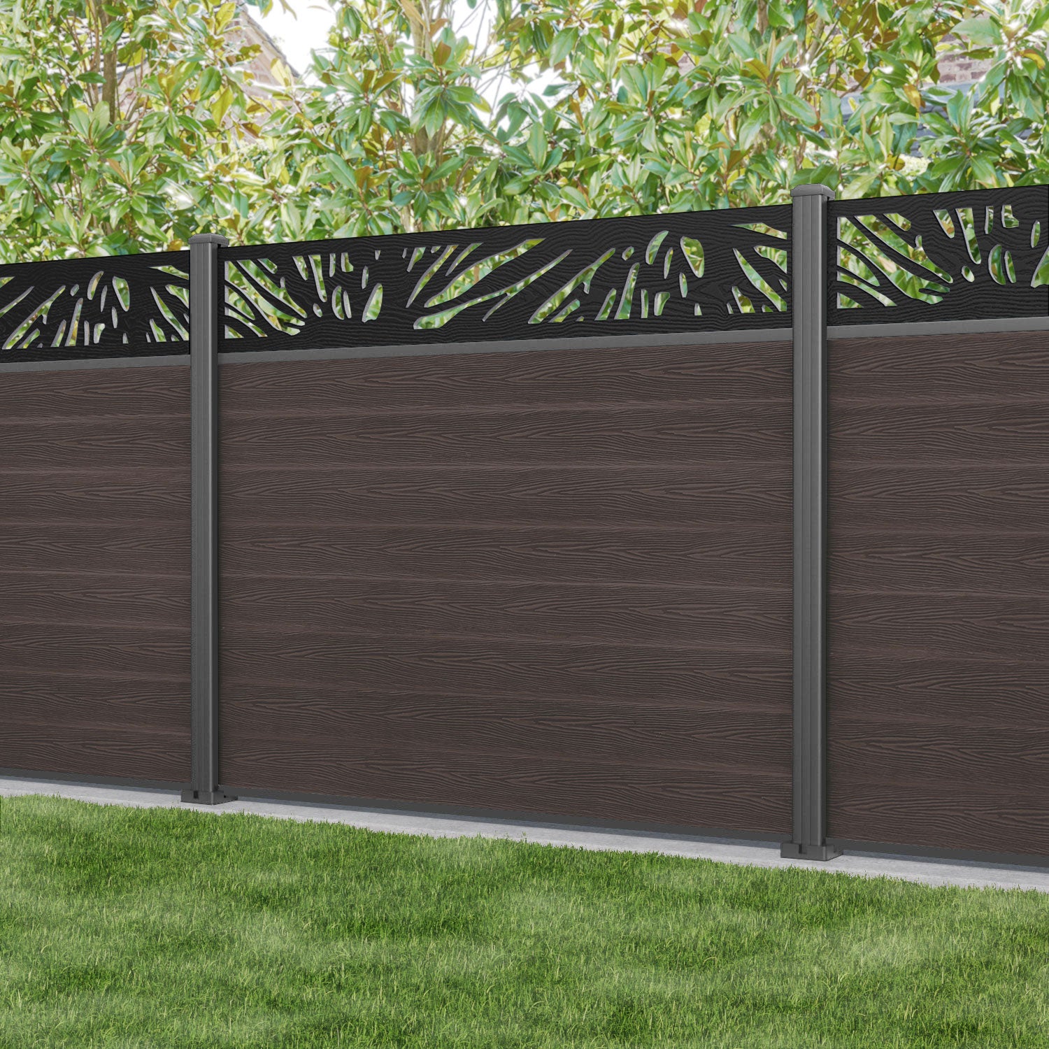 Classic Poppy Fence Panel - Mid Brown - with our aluminium posts