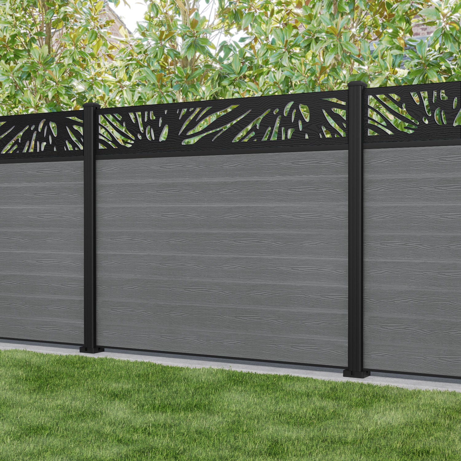 Classic Poppy Fence Panel - Mid Grey - with our aluminium posts