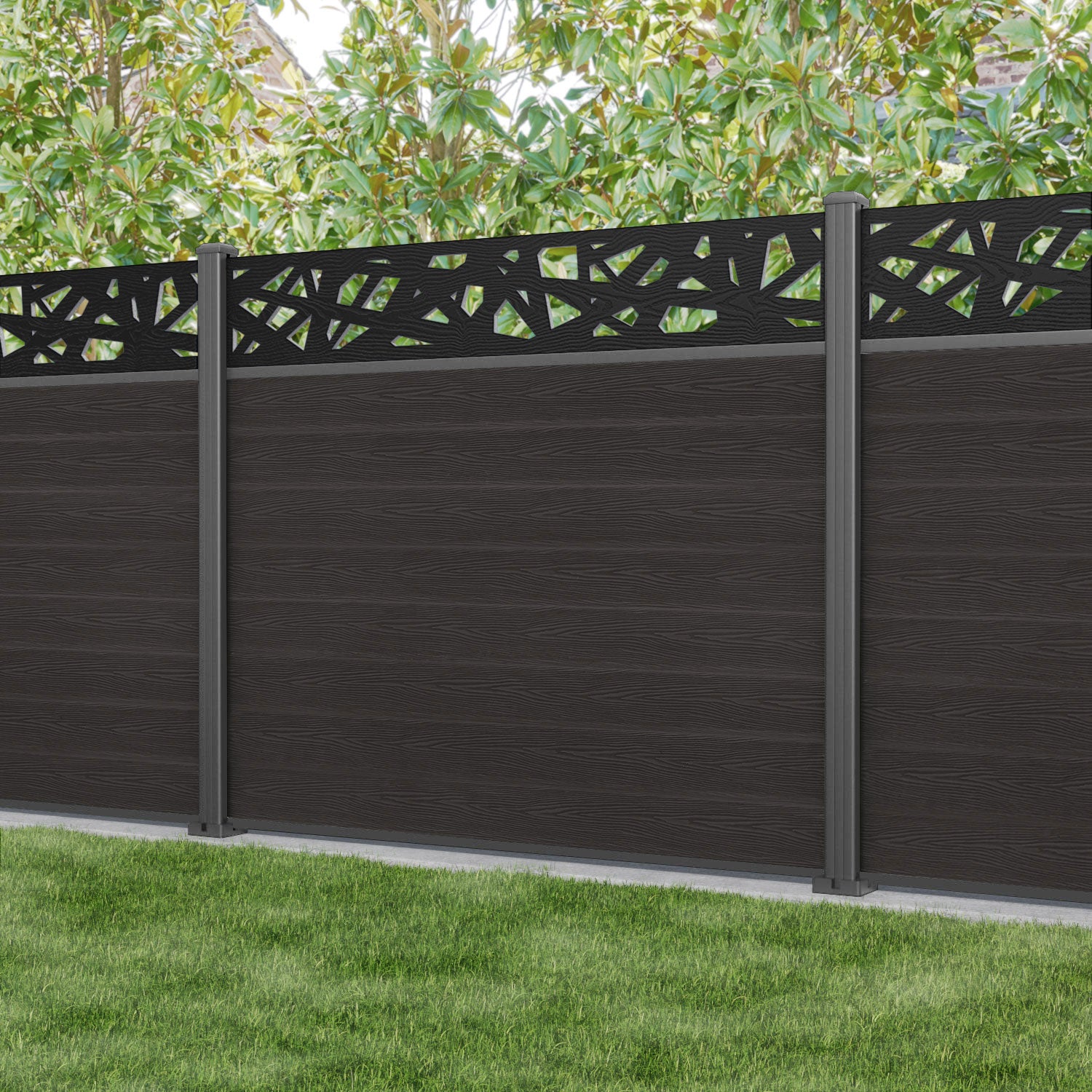 Classic Prism Fence Panel - Dark Oak - with our aluminium posts