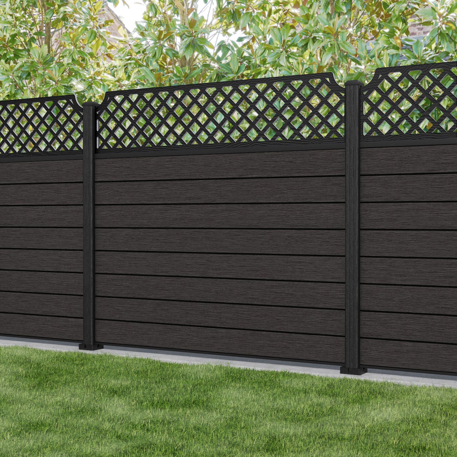 Fusion Regal Hive Fence Panel - Dark Oak - with our aluminium posts